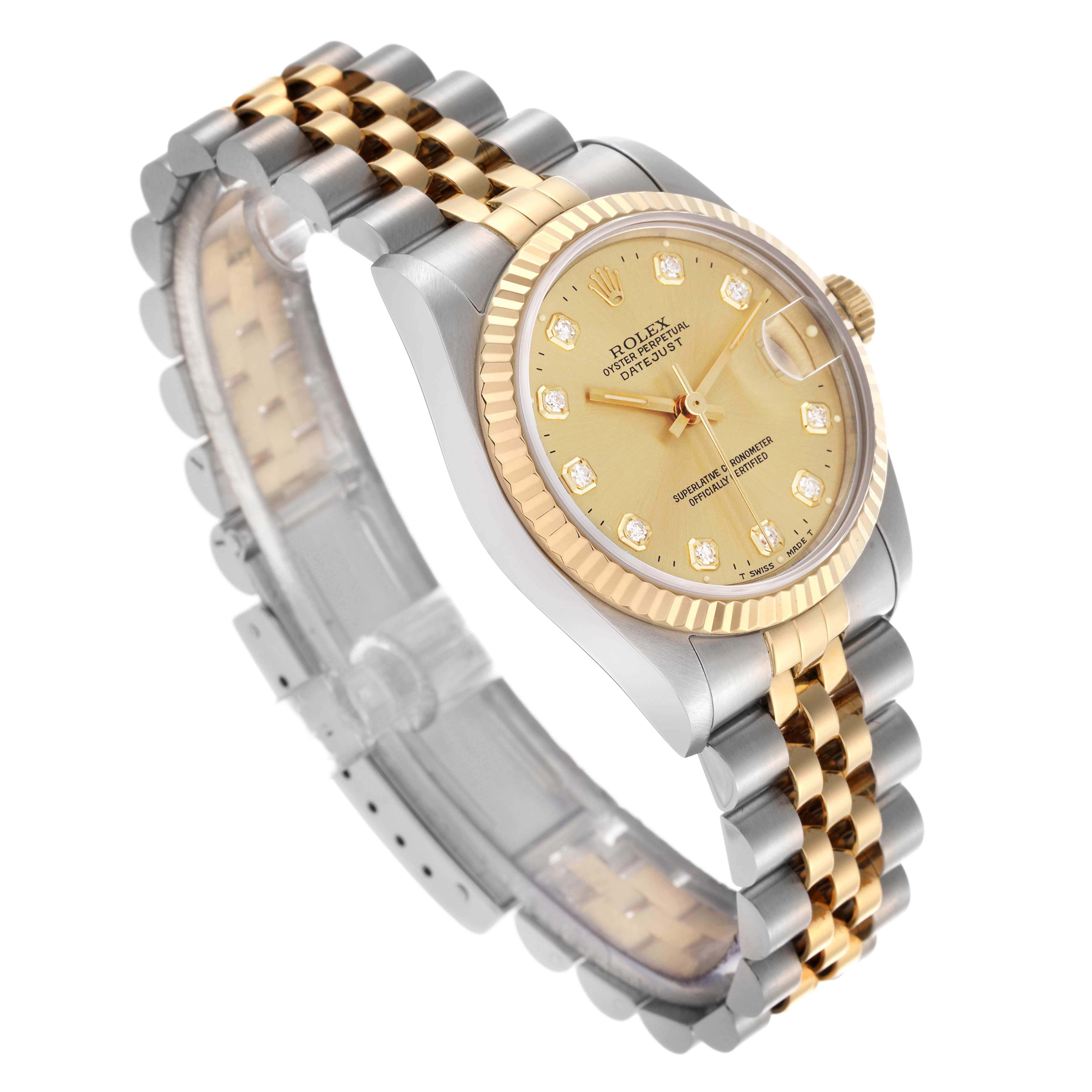 The Rolex Mid-Size 68273 Women
s Steel and Gold (two tone) Champagne Dial 68273 Women
s Steel and Gold (two tone) Champagne Dial watch is shown from a tilted top view, displaying the face, bezel, and bracelet.