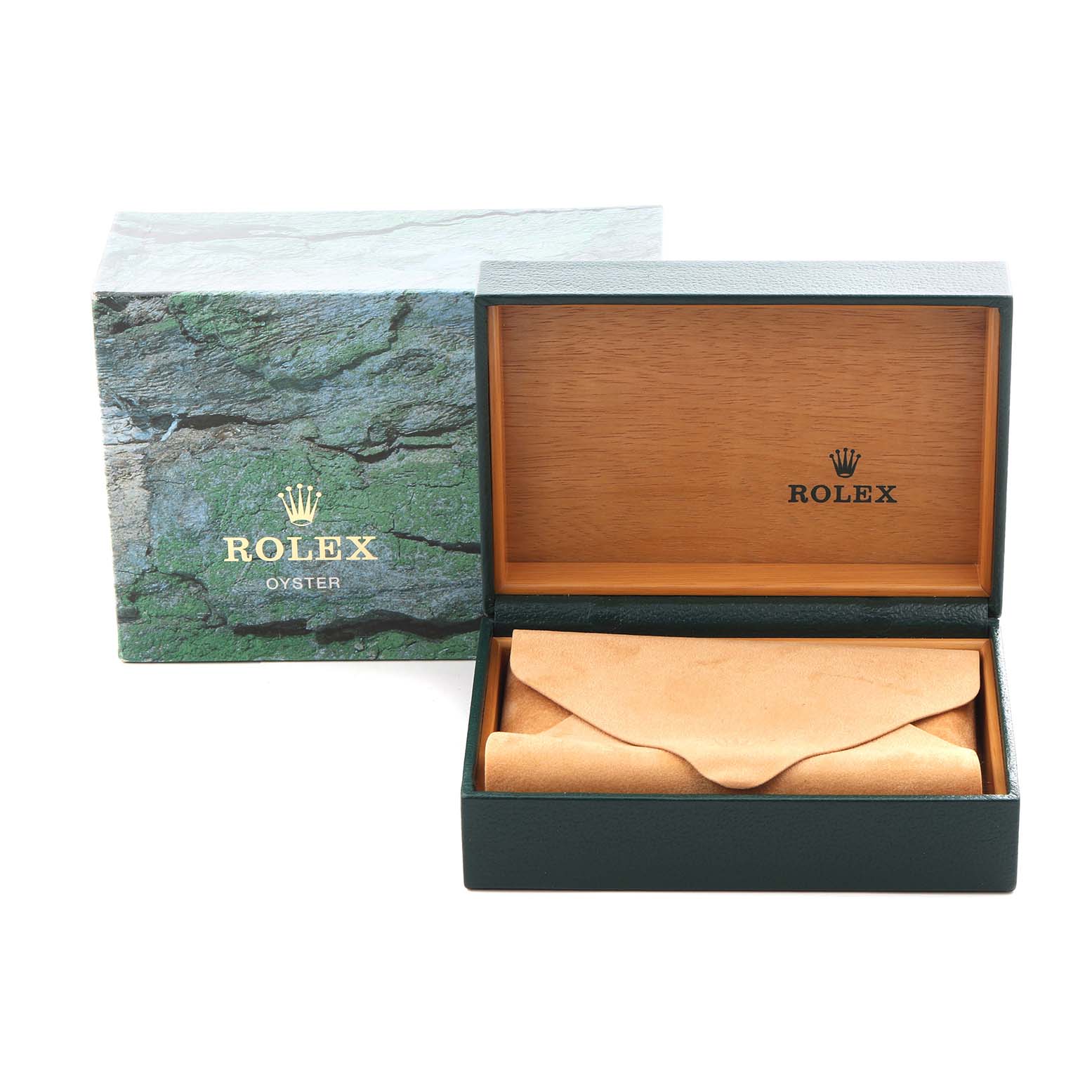 The image shows an open Rolex watch box with a leather pouch, displaying the brand
s logo inside the lid.