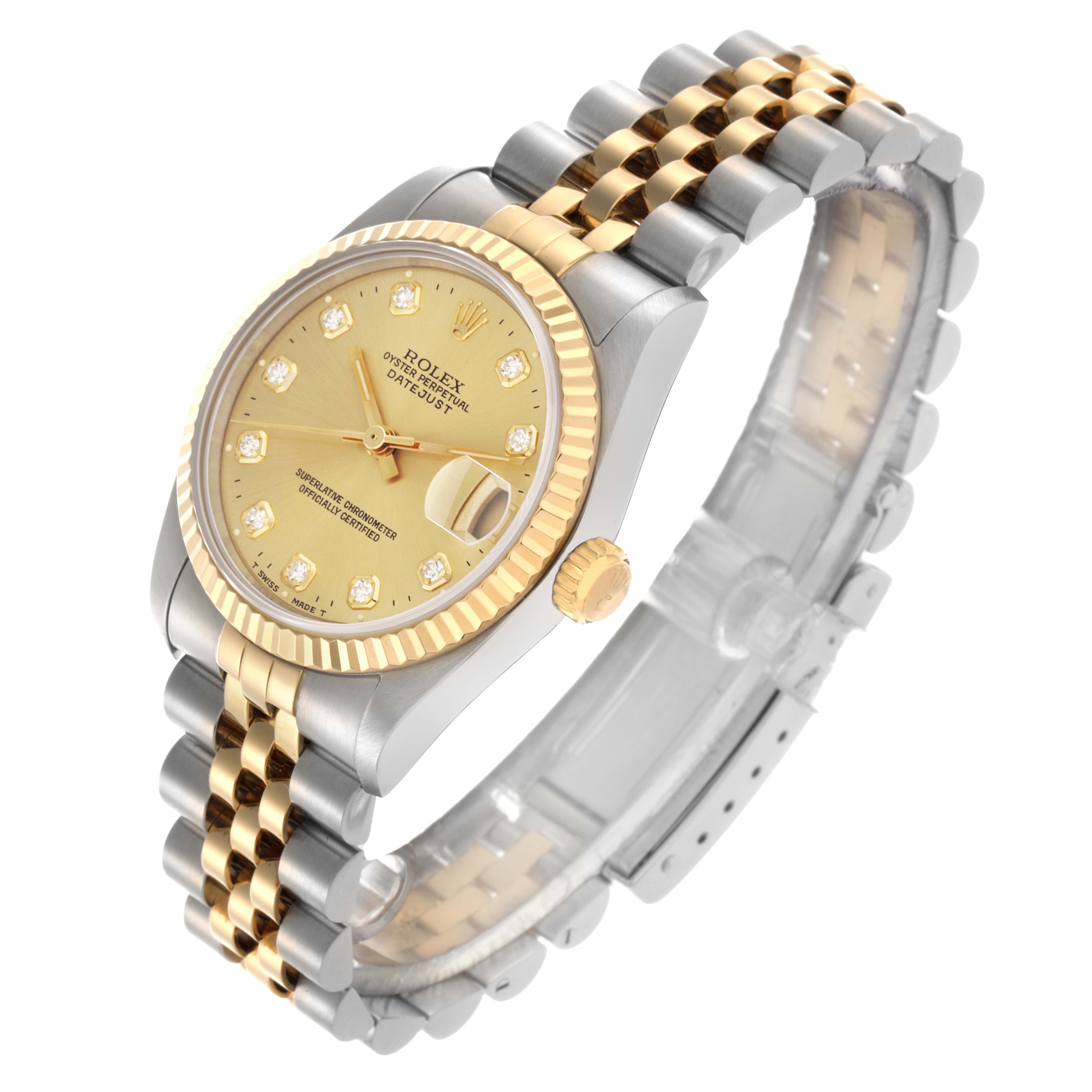 The Rolex Mid-Size 68273 Women
s Steel and Gold (two tone) Champagne Dial 68273 Women
s Steel and Gold (two tone) Champagne Dial watch is shown in a three-quarter view, displaying the dial, bezel, crown, and part of the bracelet.