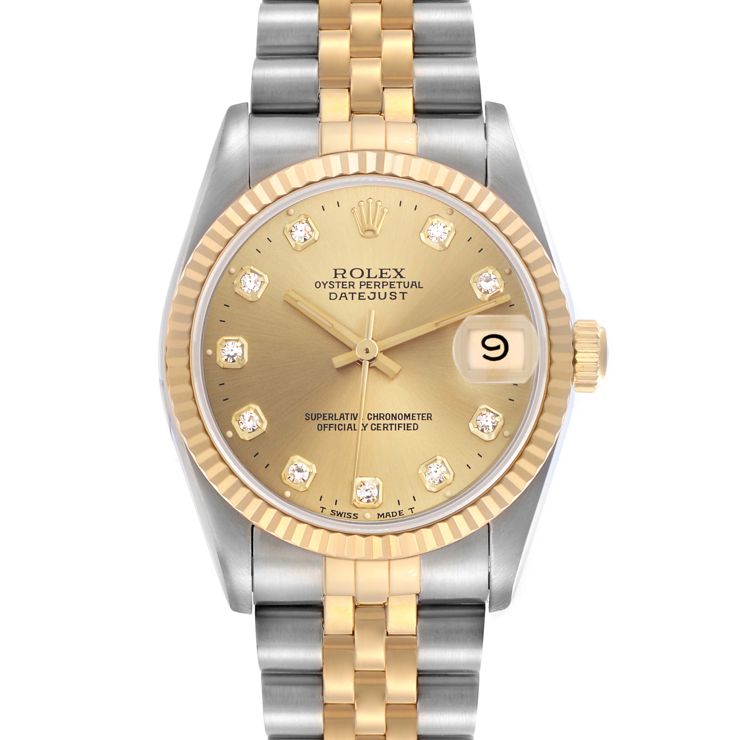 The Rolex Datejust Mid-Size watch is shown from a top view, highlighting the dial, bezel, and two-tone bracelet.