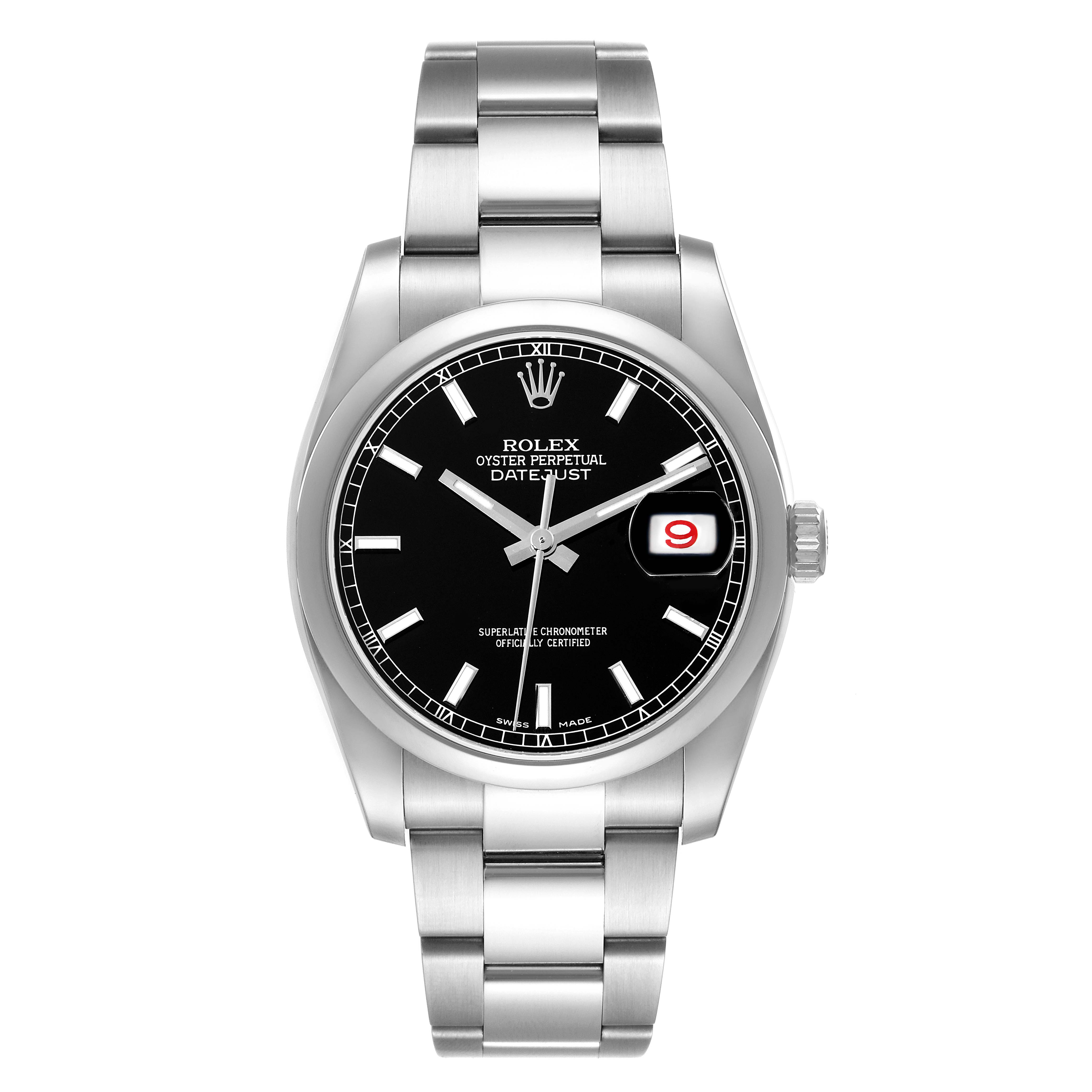 This image shows a Rolex Datejust 116200 Men's Stainless Steel Black Dial 116200 Men's Stainless Steel Black Dial watch from a straight-on angle, displaying its face, bezel, and bracelet.
