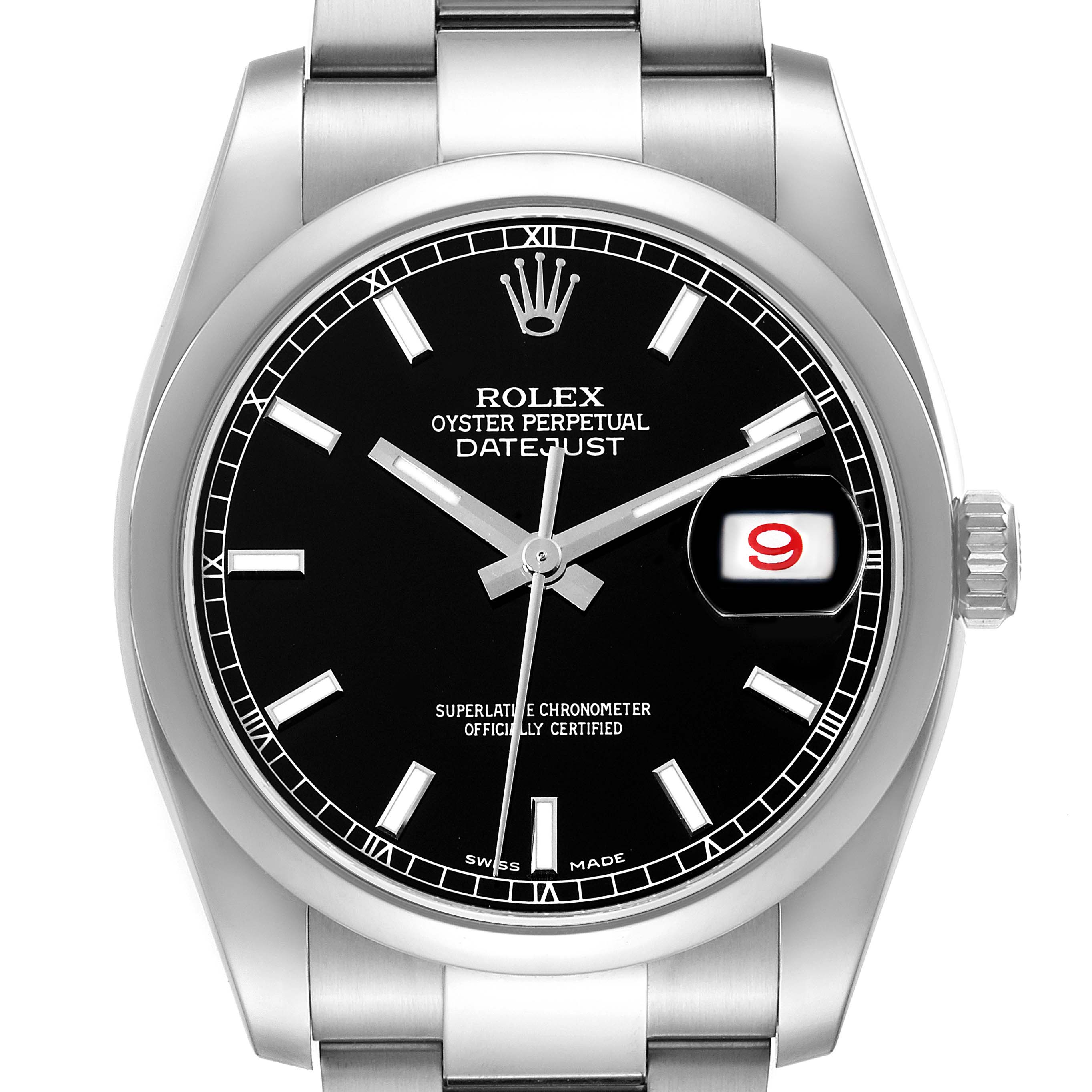 The image shows a front view of the Rolex Datejust 116200 Men's Stainless Steel Black Dial 116200 Men's Stainless Steel Black Dial watch, highlighting the black dial, date window, and Oystersteel bracelet.