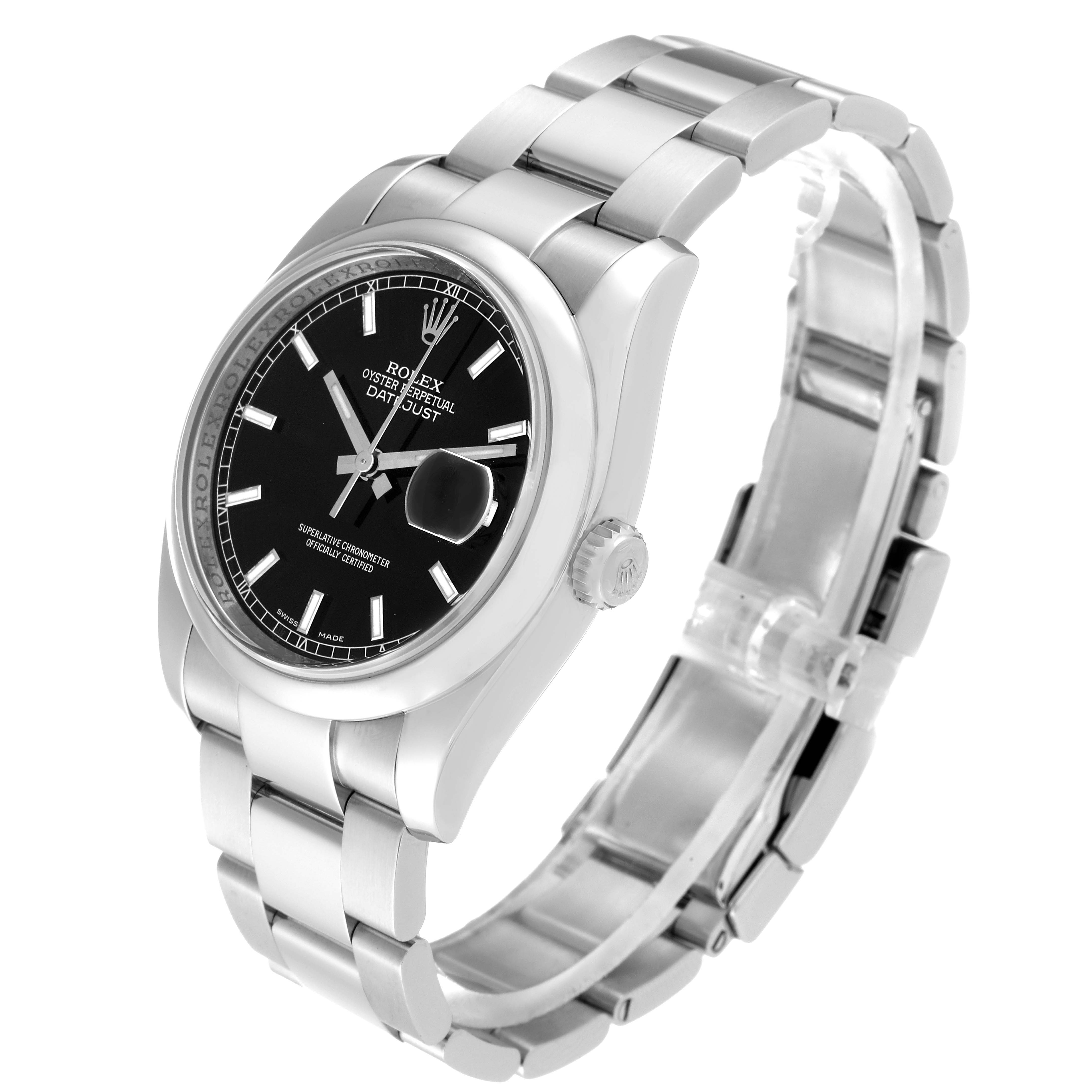 This image shows a Rolex Datejust 116200 Men's Stainless Steel Black Dial 116200 Men's Stainless Steel Black Dial watch at a three-quarter angle, highlighting the black dial, bracelet, and crown.