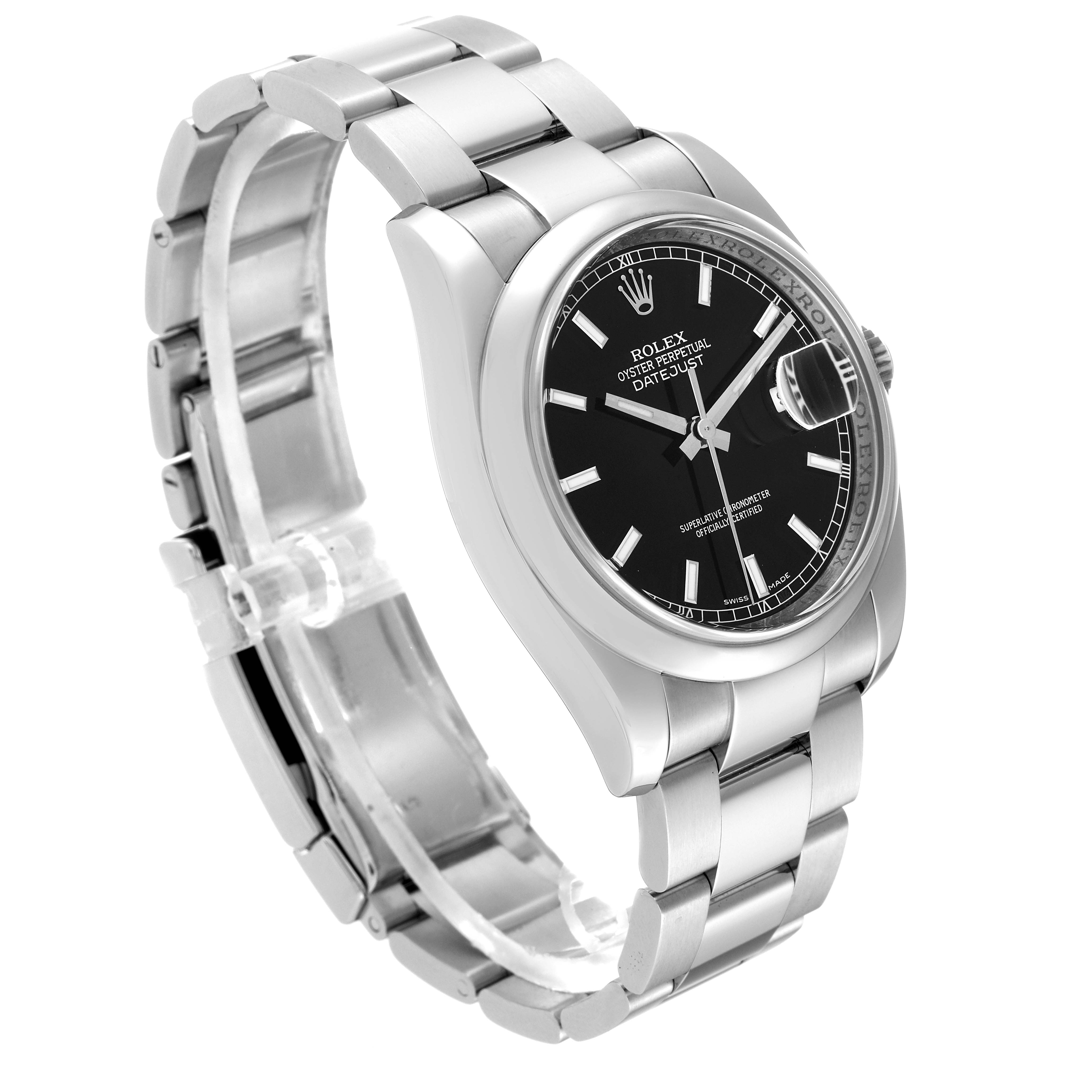 This is a side-angle view of a Rolex Datejust 116200 Men's Stainless Steel Black Dial 116200 Men's Stainless Steel Black Dial showing the dial, case, and bracelet.