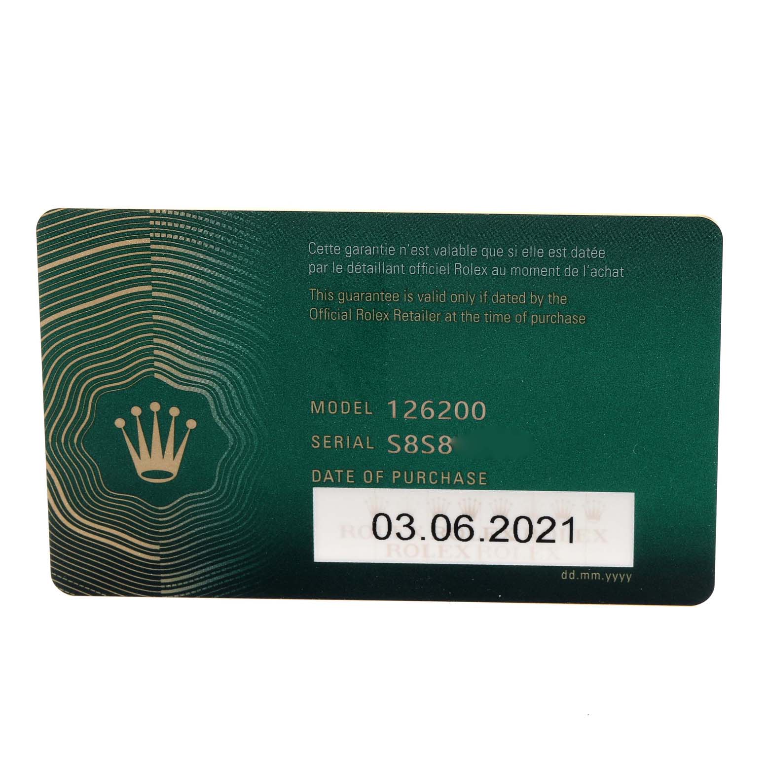 This image shows a warranty card for the Rolex Datejust 126200 Men's Stainless Steel Silver Dial 126200 Men's Stainless Steel Silver Dial model 126200, highlighting the serial number and date of purchase.