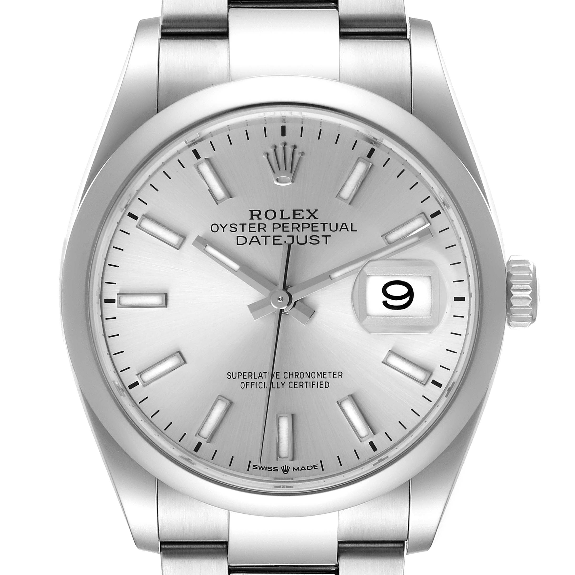 The image shows a front view of a Rolex Datejust 126200 Men's Stainless Steel Silver Dial 126200 Men's Stainless Steel Silver Dial watch, highlighting its dial, hands, markers, and date window.