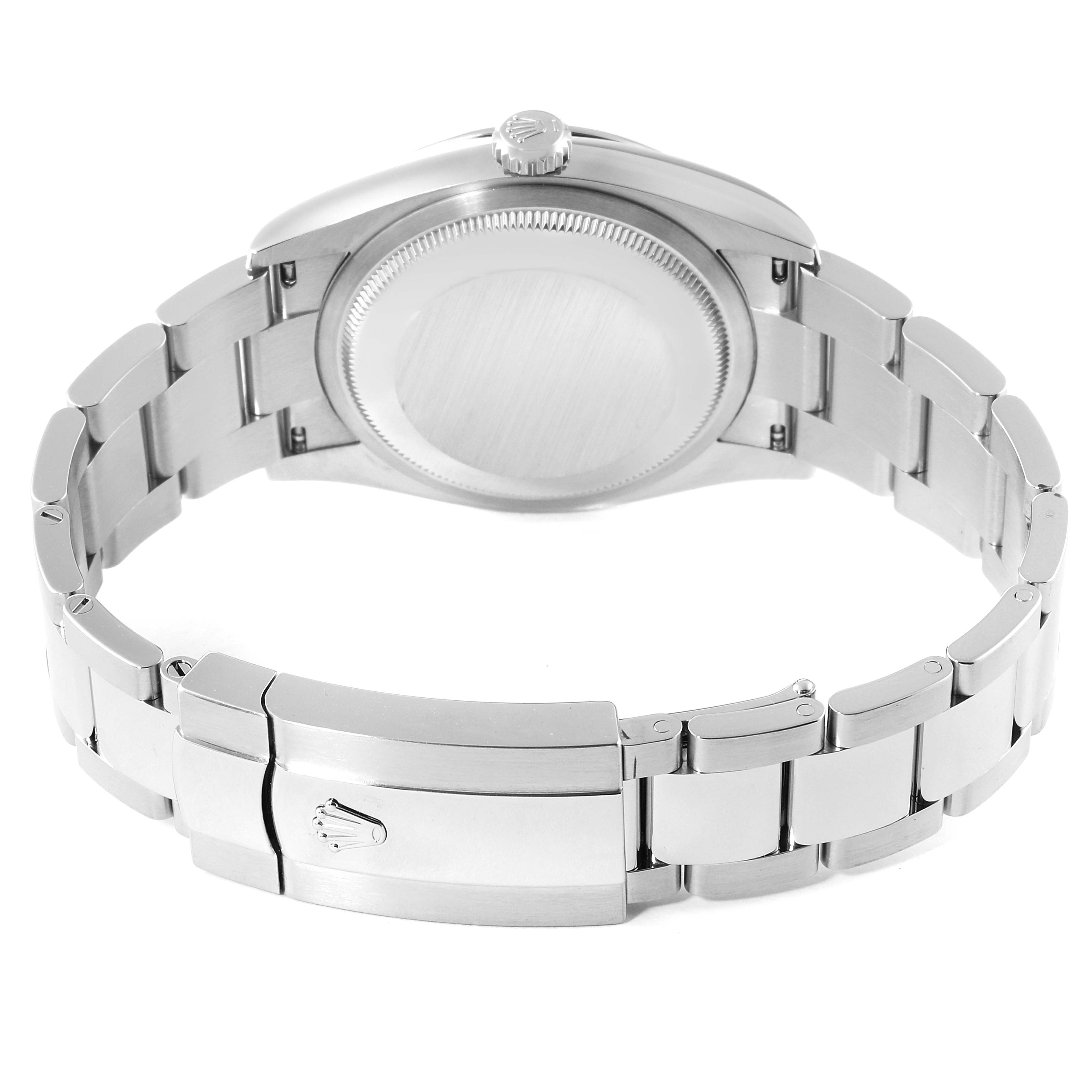 The image shows the back view of the Rolex Datejust 126200 Men's Stainless Steel Silver Dial 126200 Men's Stainless Steel Silver Dial watch, highlighting the case, caseback, and bracelet with the clasp closed.