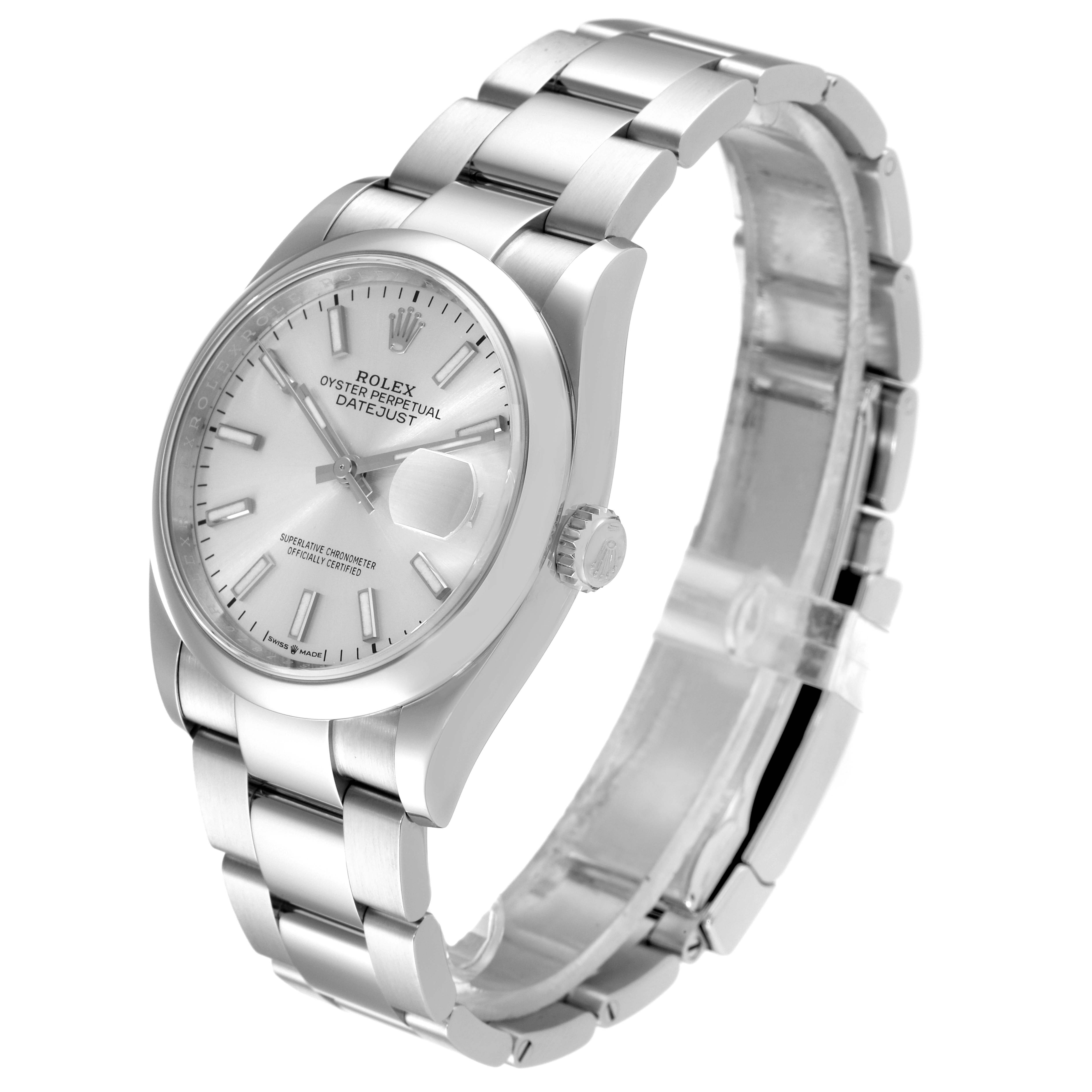 The Rolex Datejust 126200 Men's Stainless Steel Silver Dial 126200 Men's Stainless Steel Silver Dial watch is shown at a slight angled view, displaying the face, bracelet, crown, and clasp.