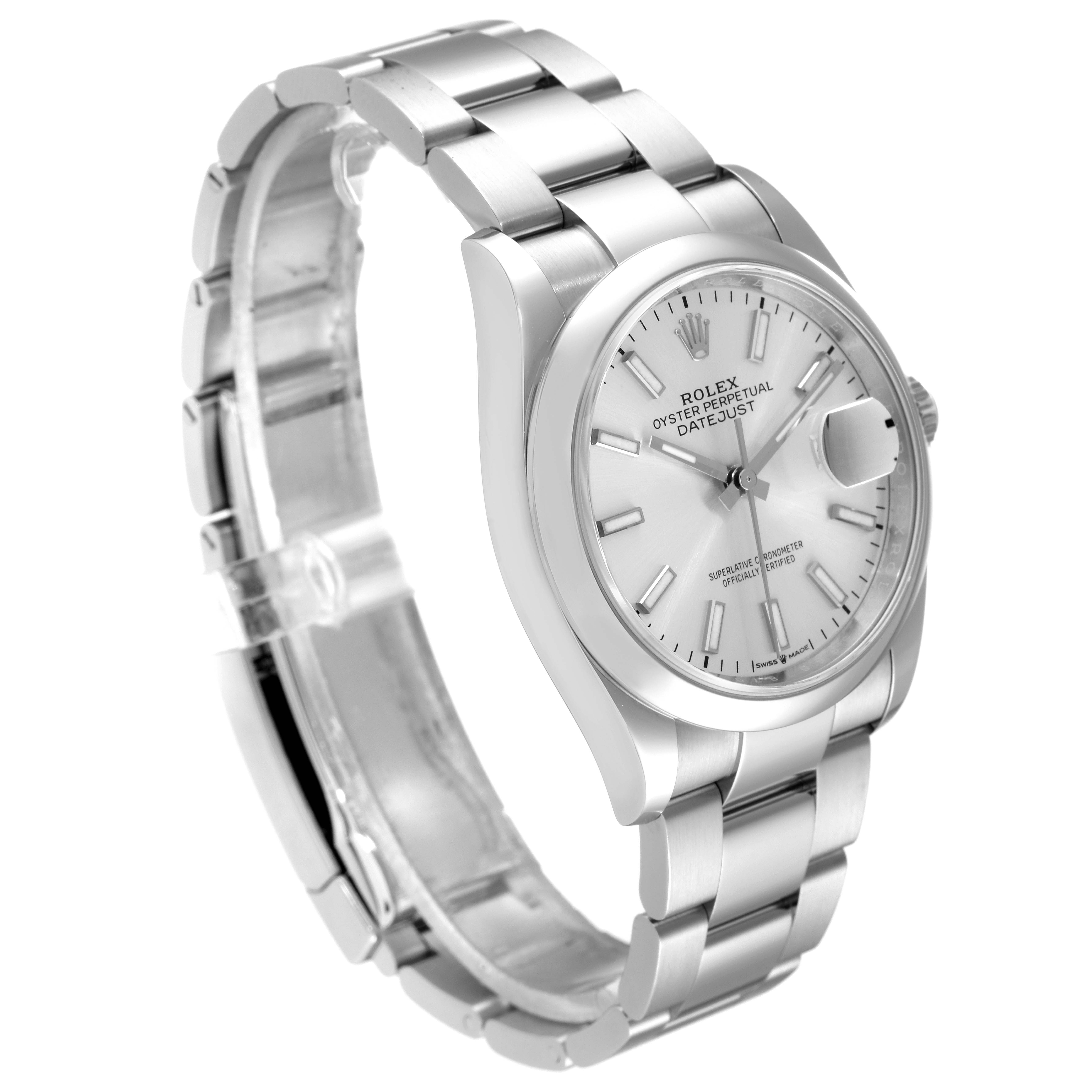 The image shows a Rolex Datejust 126200 Men's Stainless Steel Silver Dial 126200 Men's Stainless Steel Silver Dial watch angled to display the bracelet, case, dial, and crown.