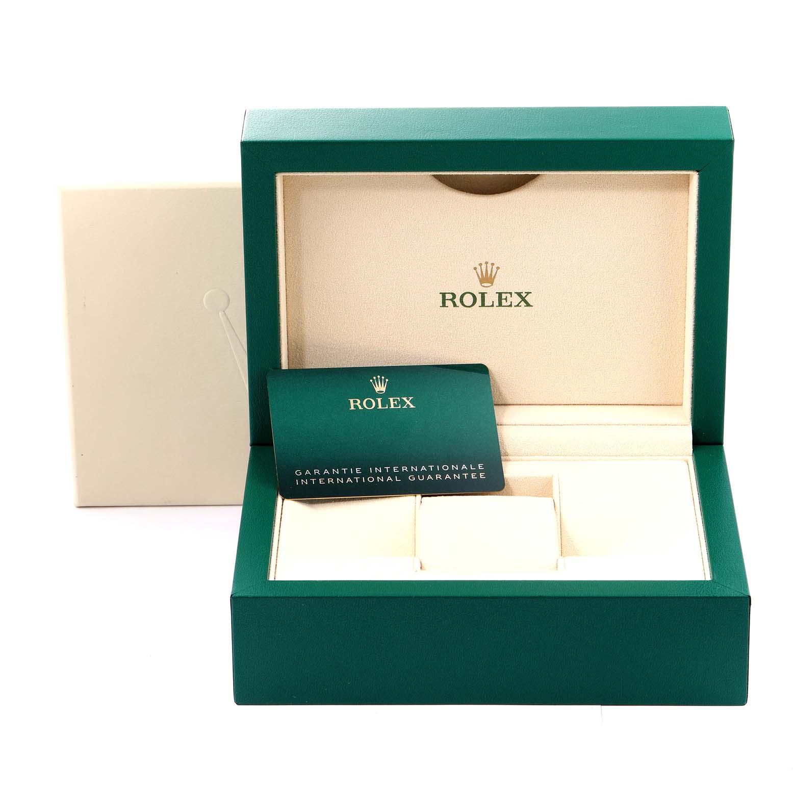 The image shows an open Rolex Datejust 126200 Men's Stainless Steel Silver Dial 126200 Men's Stainless Steel Silver Dial watch box with an international guarantee card.