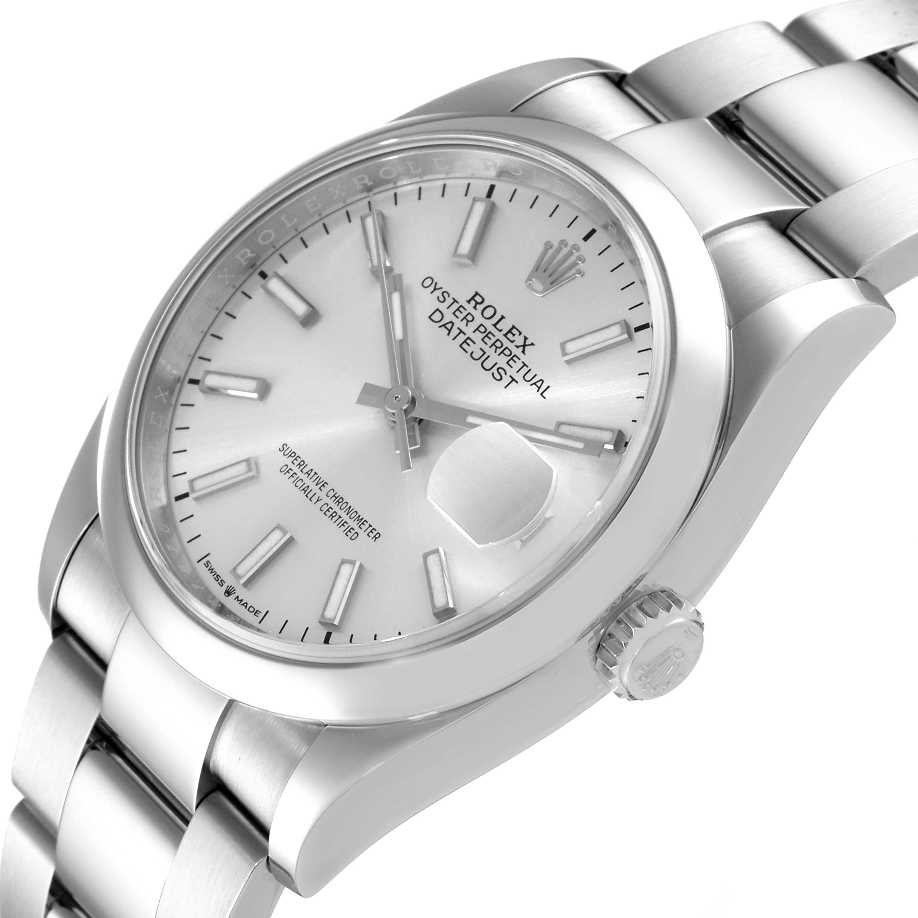 The image shows a close-up angle of a Rolex Datejust 126200 Men's Stainless Steel Silver Dial 126200 Men's Stainless Steel Silver Dial watch, displaying its dial, crown, and part of the bracelet.