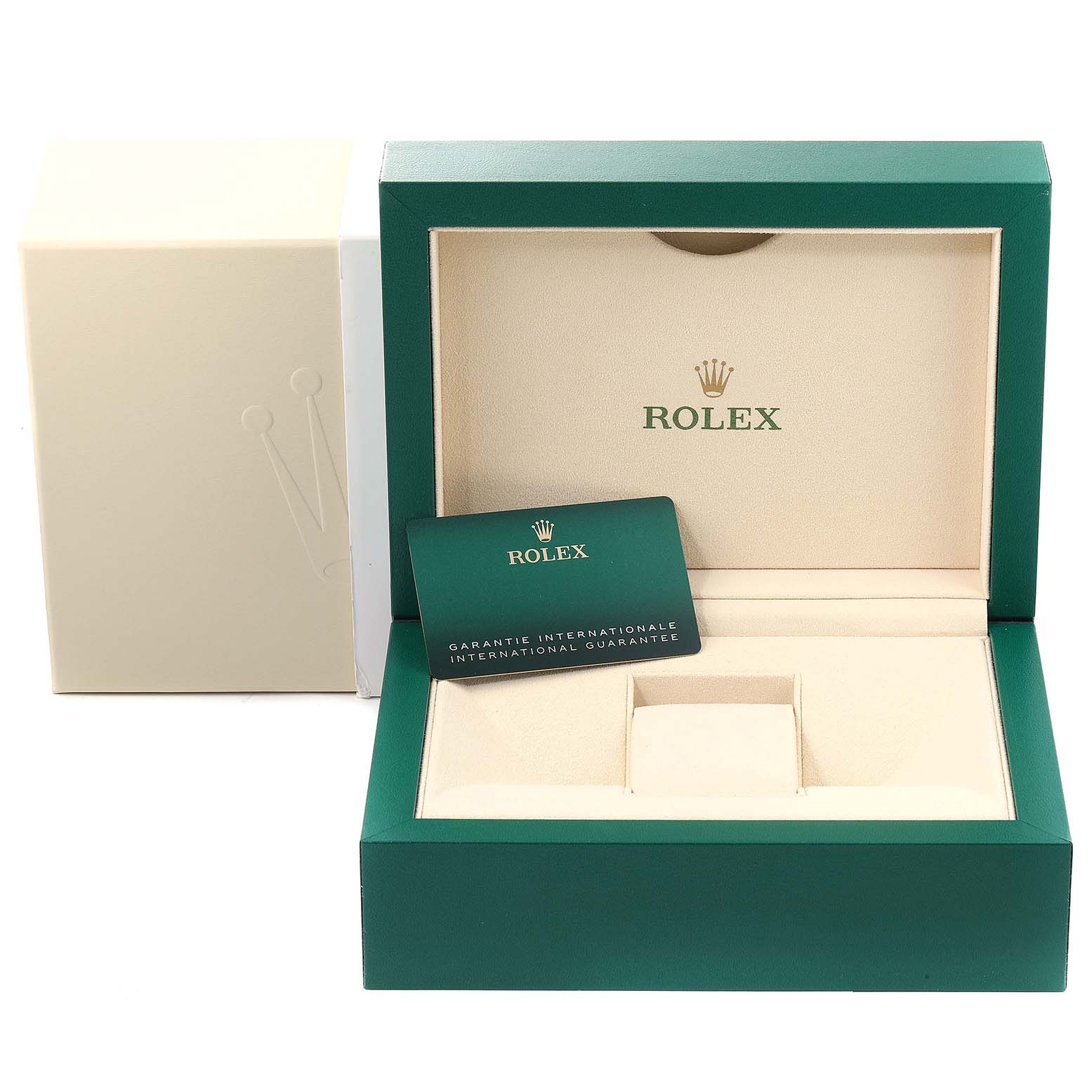 The image shows the packaging and warranty card of a Rolex Datejust 41 126300 Men's Stainless Steel Black Dial 126300 Men's Stainless Steel Black Dial model.