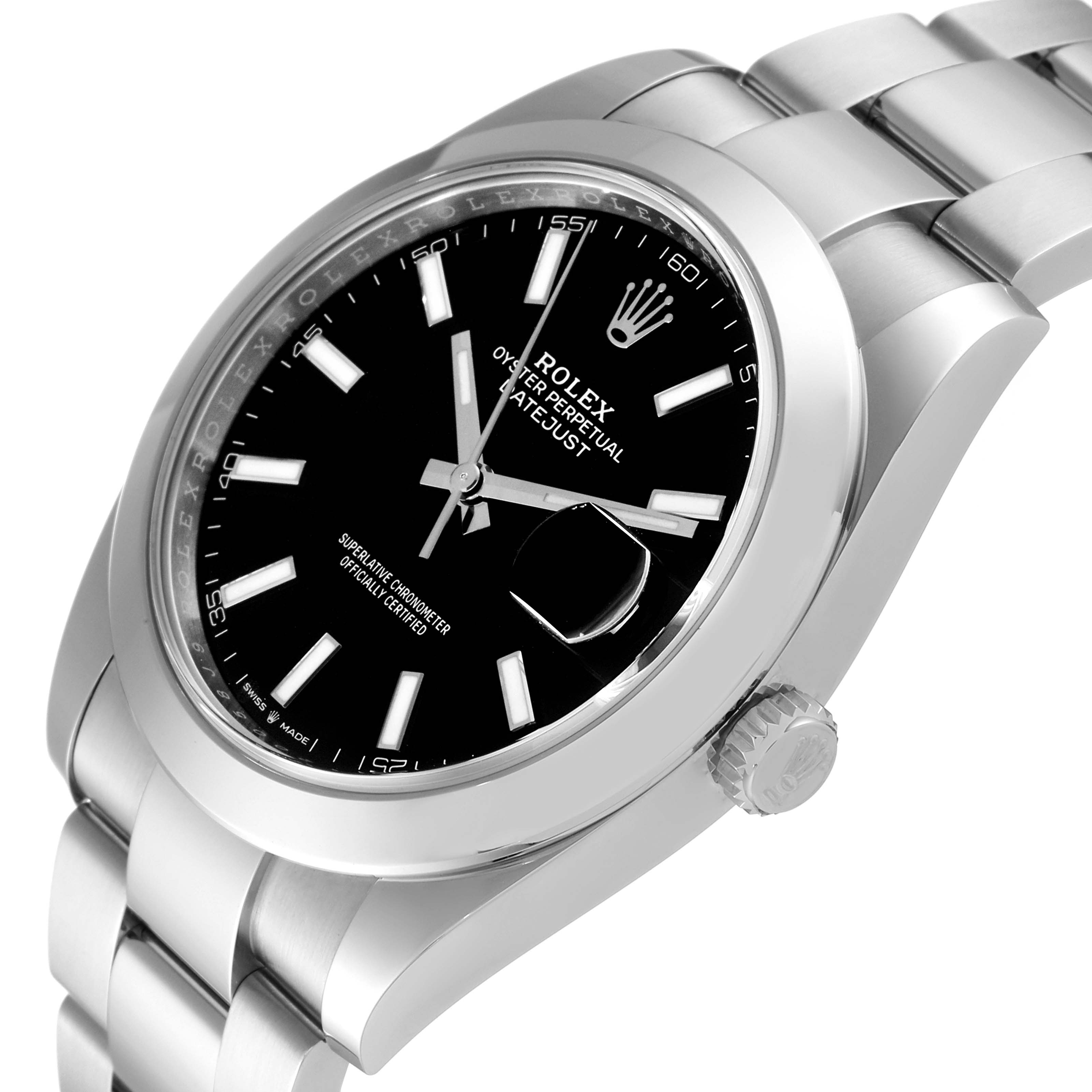 The image shows the Rolex Datejust 41 126300 Men's Stainless Steel Black Dial 126300 Men's Stainless Steel Black Dial model watch at a tilted angle, highlighting the face, bezel, and part of the bracelet.