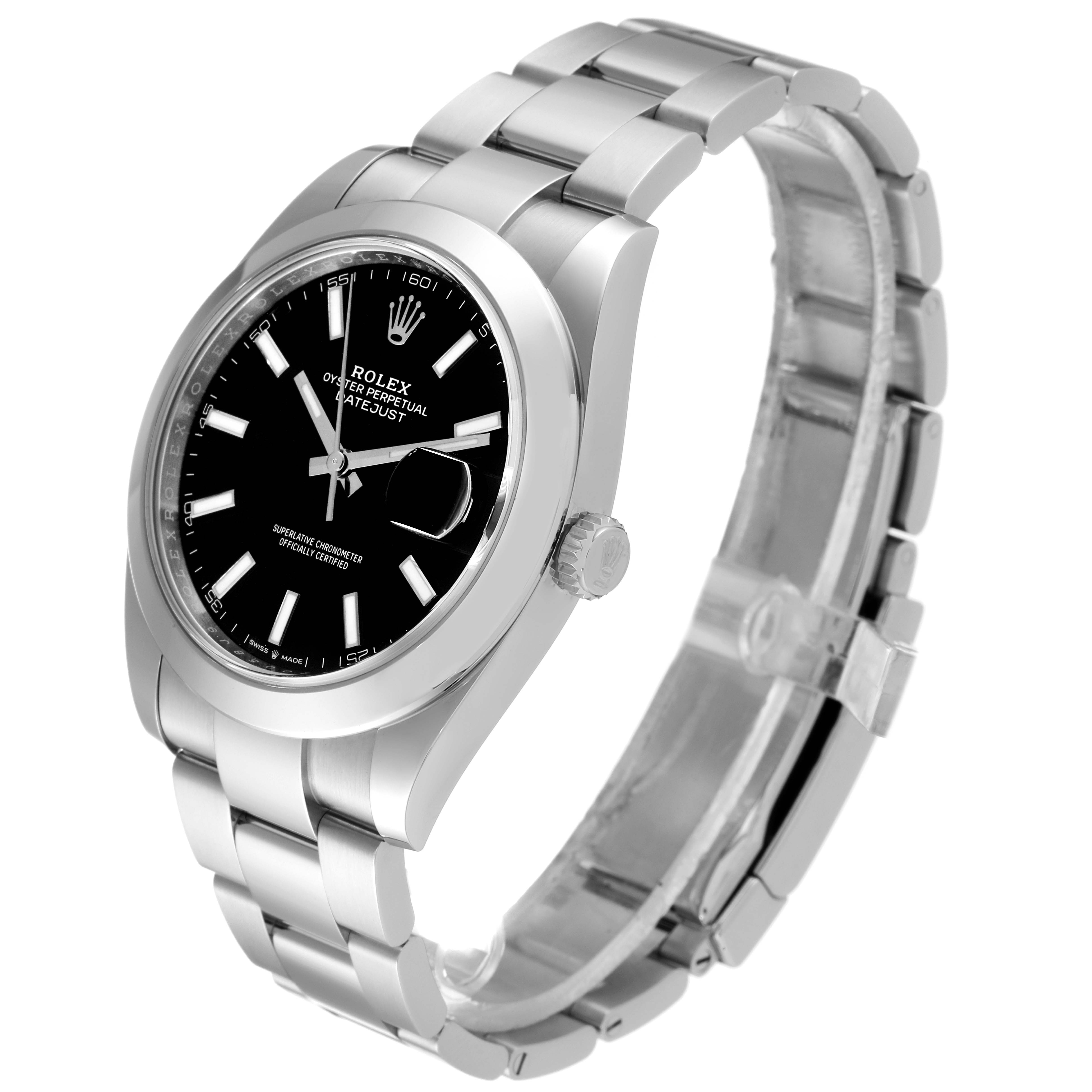 The image shows a Rolex Datejust 41 126300 Men's Stainless Steel Black Dial 126300 Men's Stainless Steel Black Dial watch at an angled side view, displaying the dial, bezel, crown, and bracelet.