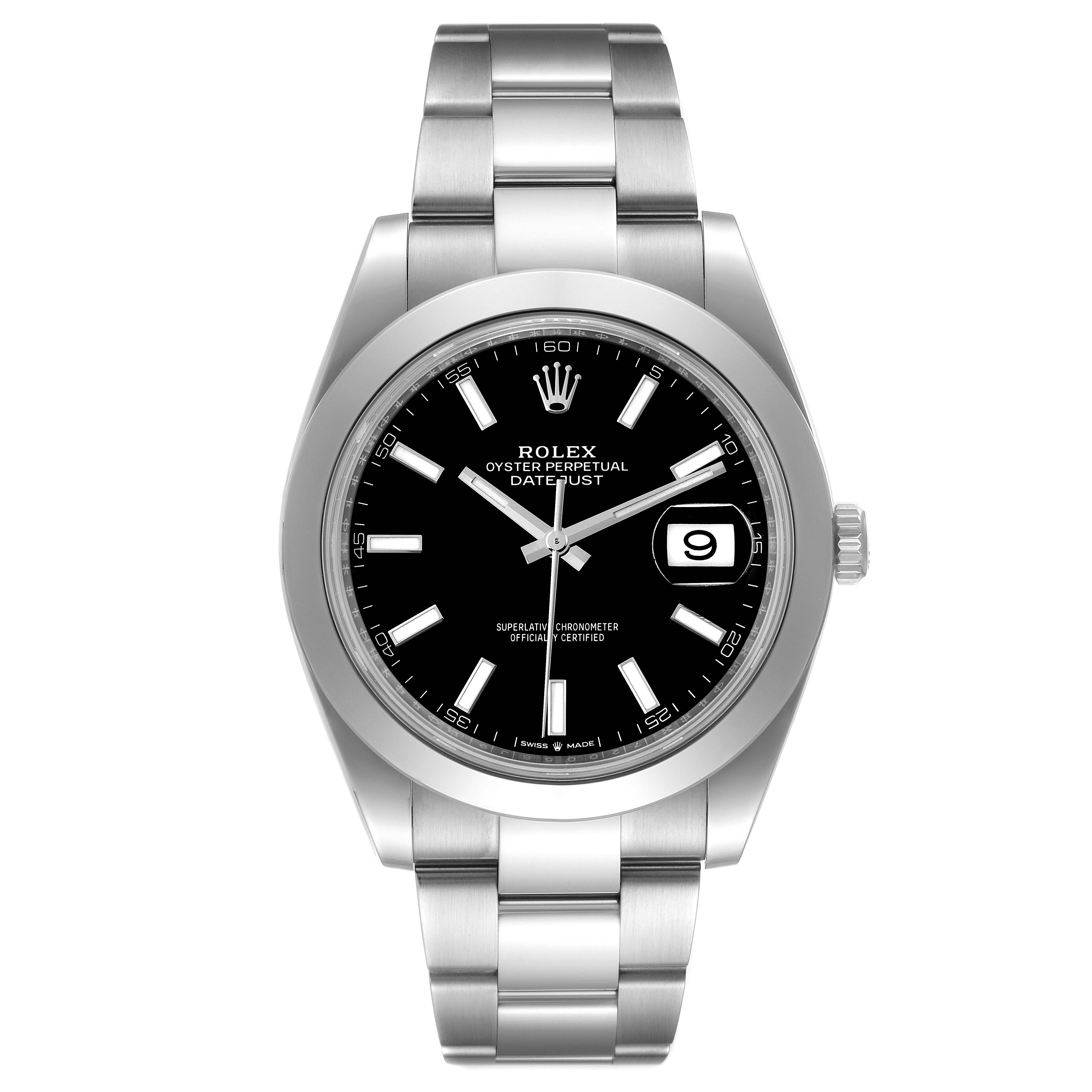 The image shows a front view of the Rolex Datejust 41 126300 Men's Stainless Steel Black Dial 126300 Men's Stainless Steel Black Dial watch, highlighting its dial, bezel, case, and bracelet.