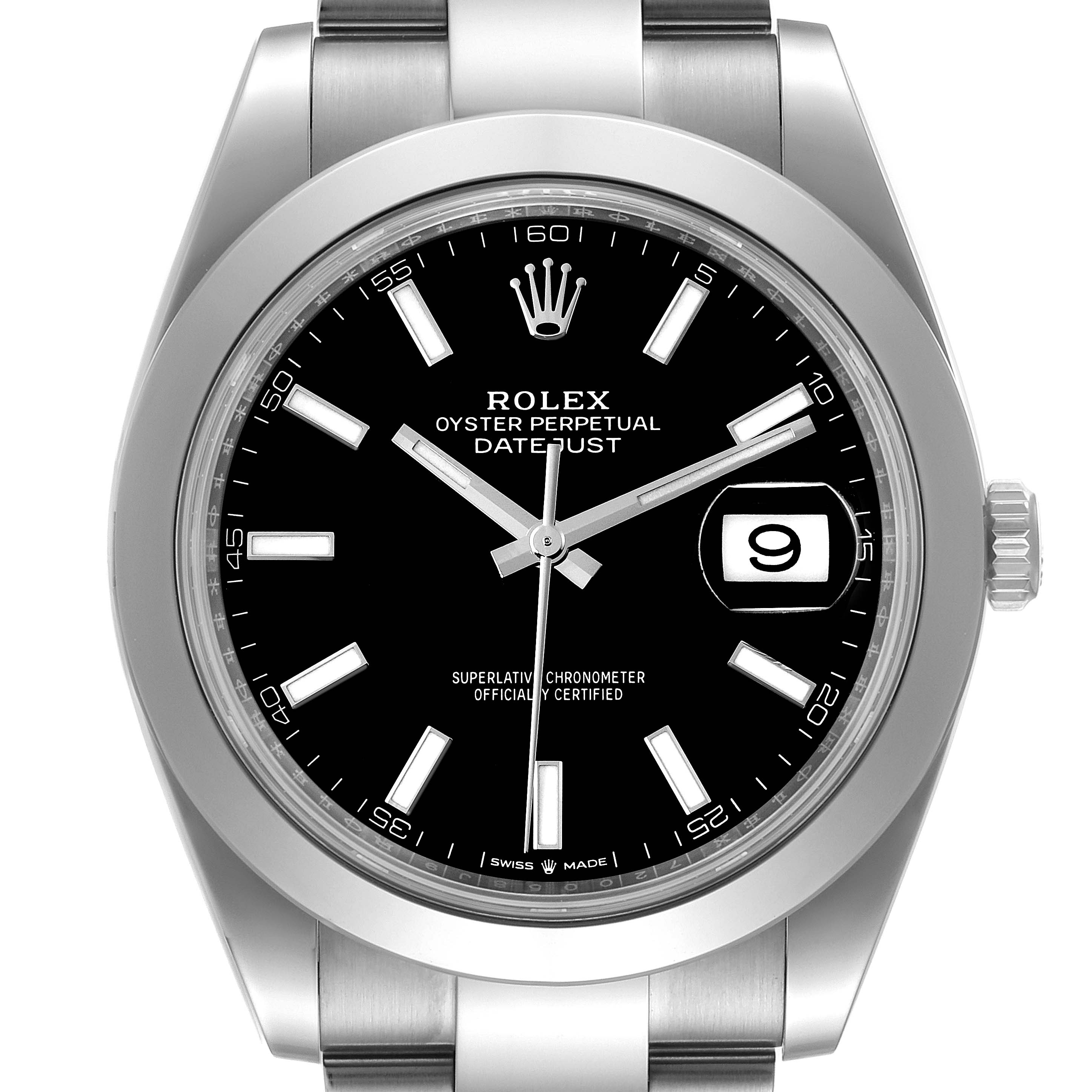 The Rolex Datejust 41 126300 Men's Stainless Steel Black Dial 126300 Men's Stainless Steel Black Dial watch is shown from a top-down angle, displaying its bezel, dial, hands, crown, and bracelet.