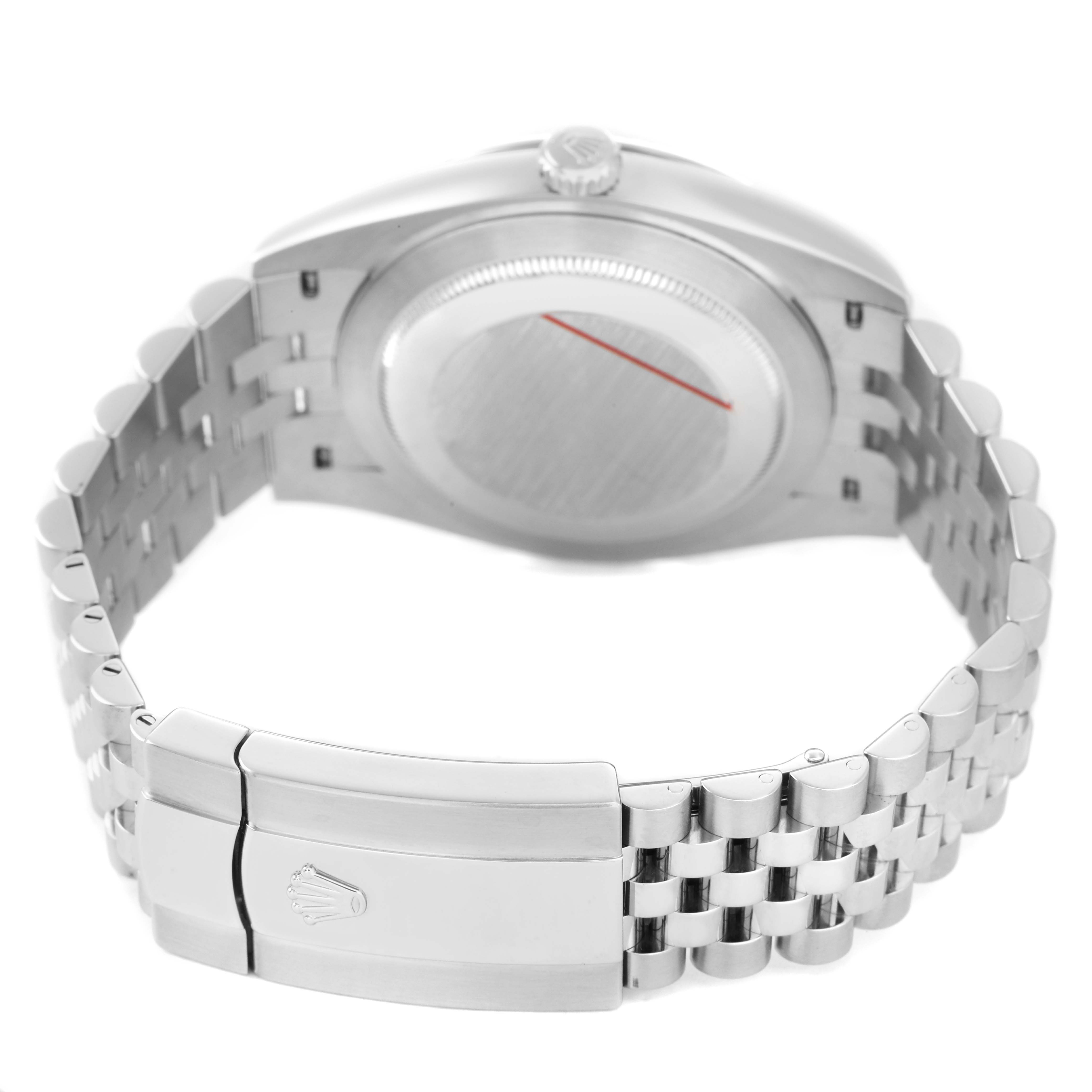 The image shows the back and bracelet clasp of a Rolex Datejust 41 126334 Men's Stainless Steel Blue Dial watch, highlighting its stainless steel band and case back.