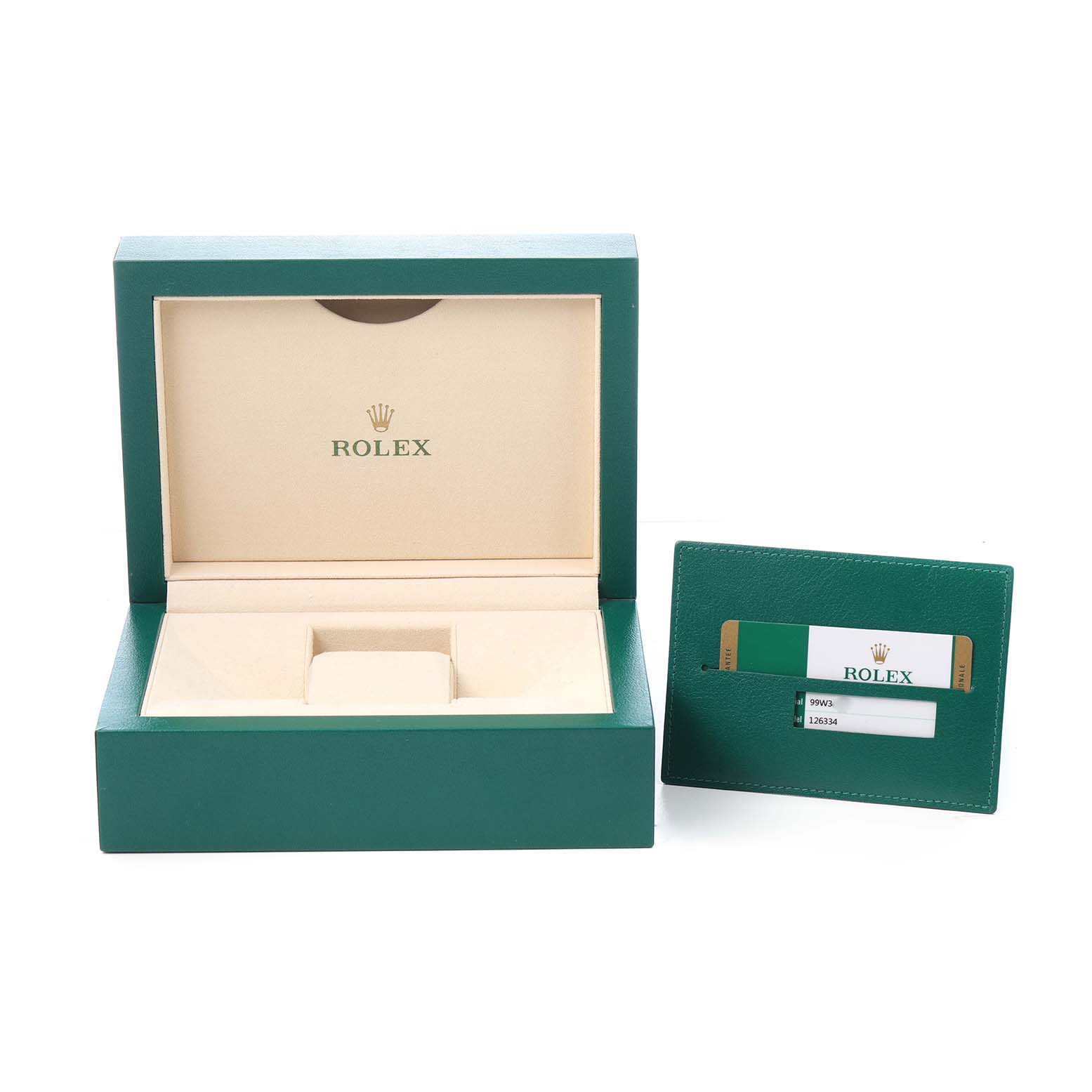 The image shows a Rolex Datejust 41 126334 Men's Stainless Steel Blue Dial watch box and card holder from the front, showcasing its green exterior and beige interior.