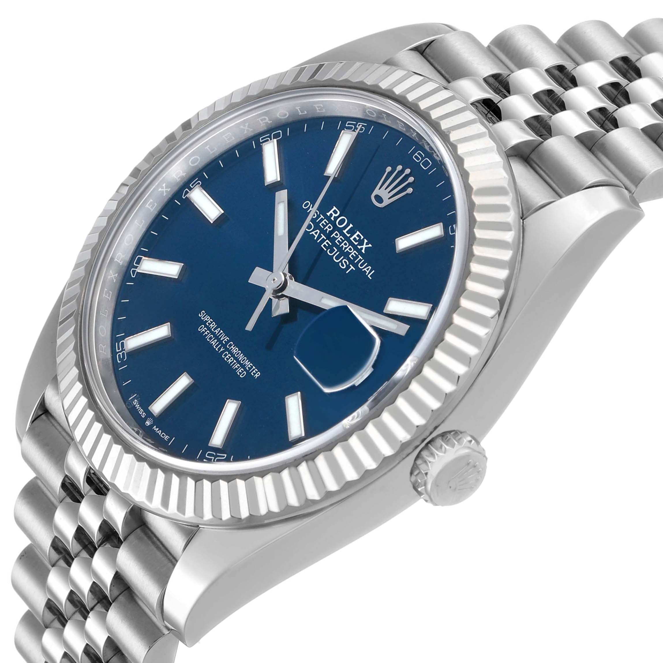 The Rolex Datejust 41 126334 Men's Stainless Steel Blue Dial is shown at a three-quarter angle, highlighting the dial, bezel, crown, and bracelet.
