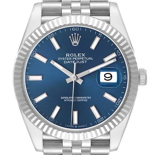 The Rolex Datejust 41 126334 Men's Stainless Steel Blue Dial is shown from the front, displaying the dial, fluted bezel, crown, and a portion of the bracelet.