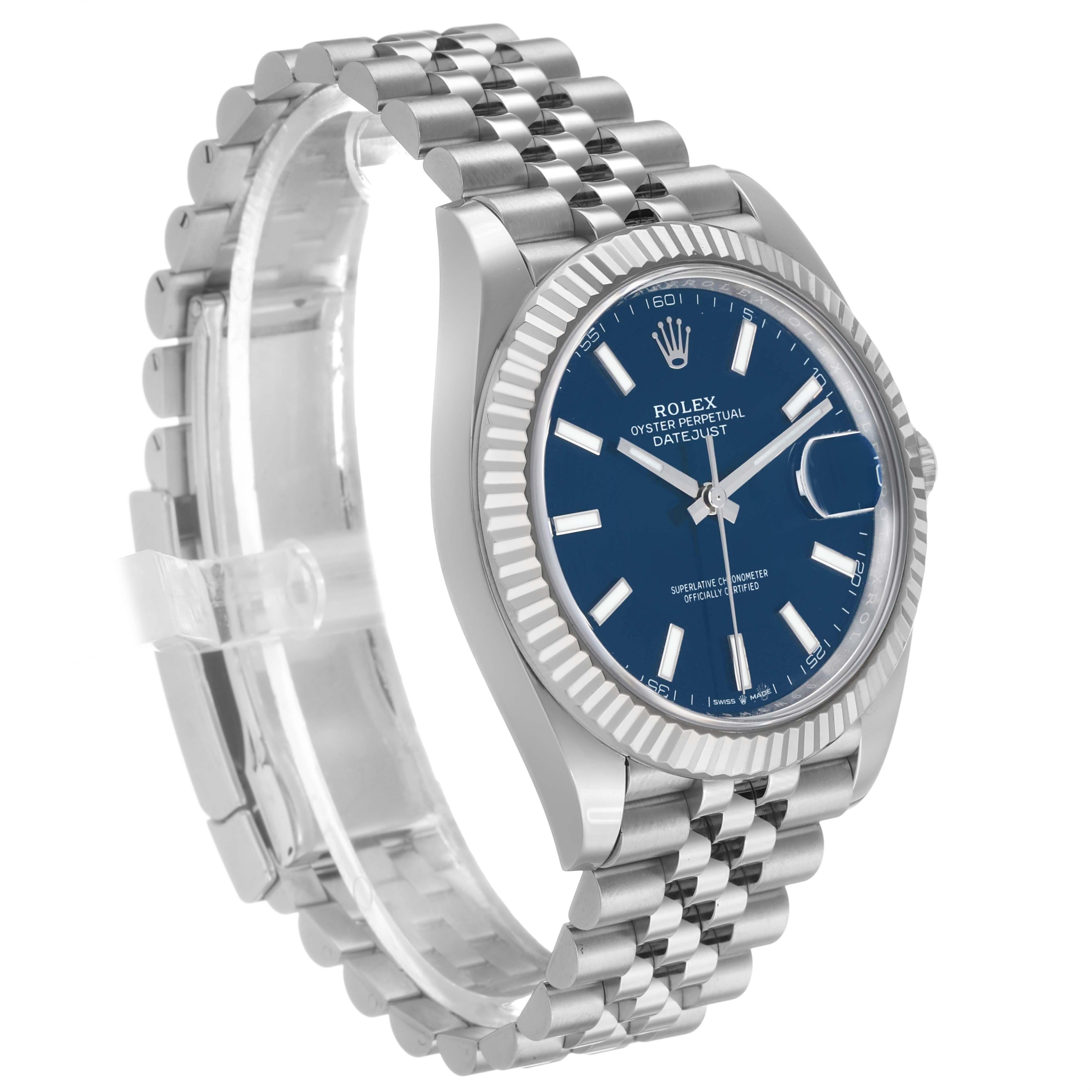 The Rolex Datejust 41 126334 Men's Stainless Steel Blue Dial watch is shown at an angled side view, highlighting the bezel, case, dial, and bracelet.