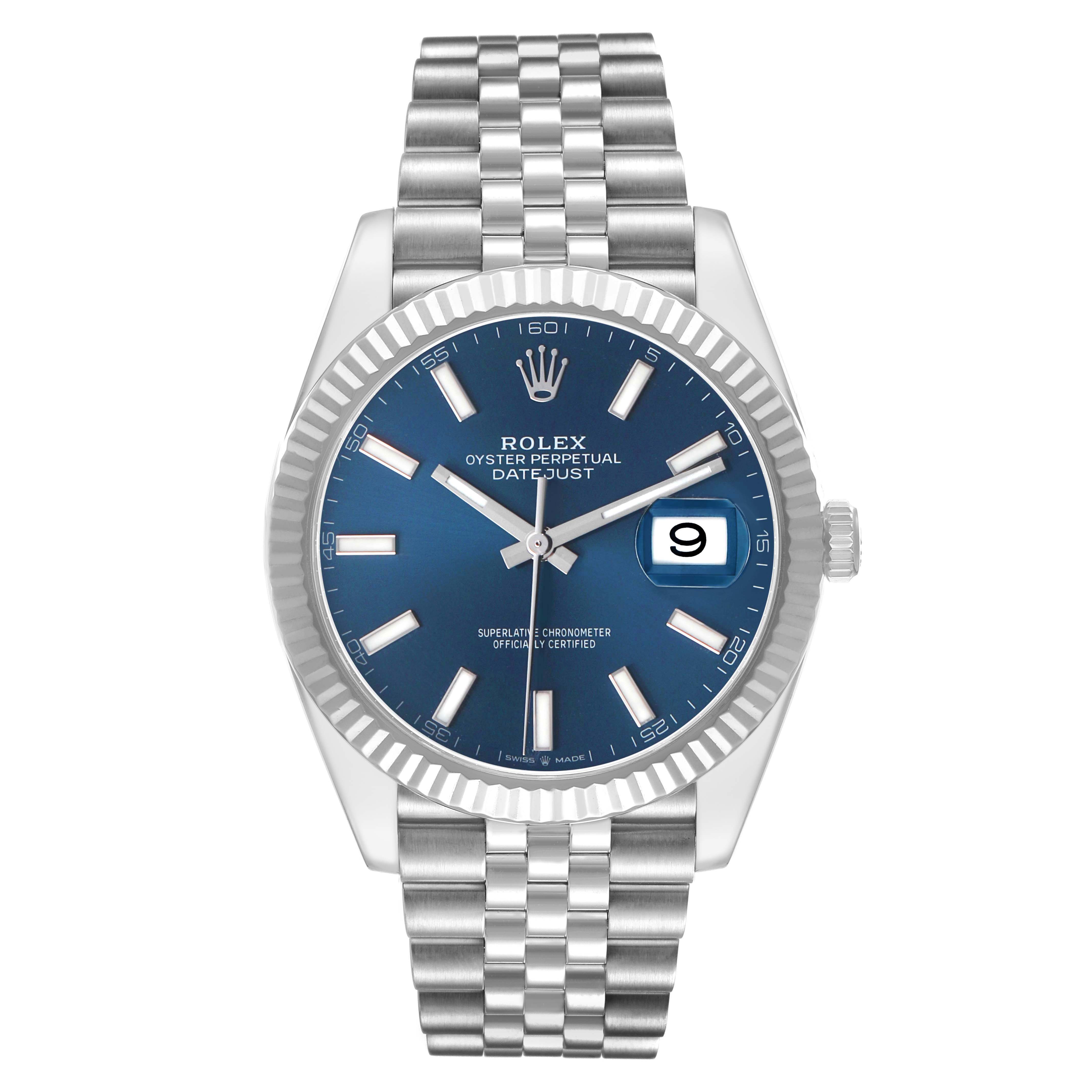 The Rolex Datejust 41 126334 Men's Stainless Steel Blue Dial is shown from a direct frontal angle, displaying the blue dial, fluted bezel, and Jubilee bracelet.