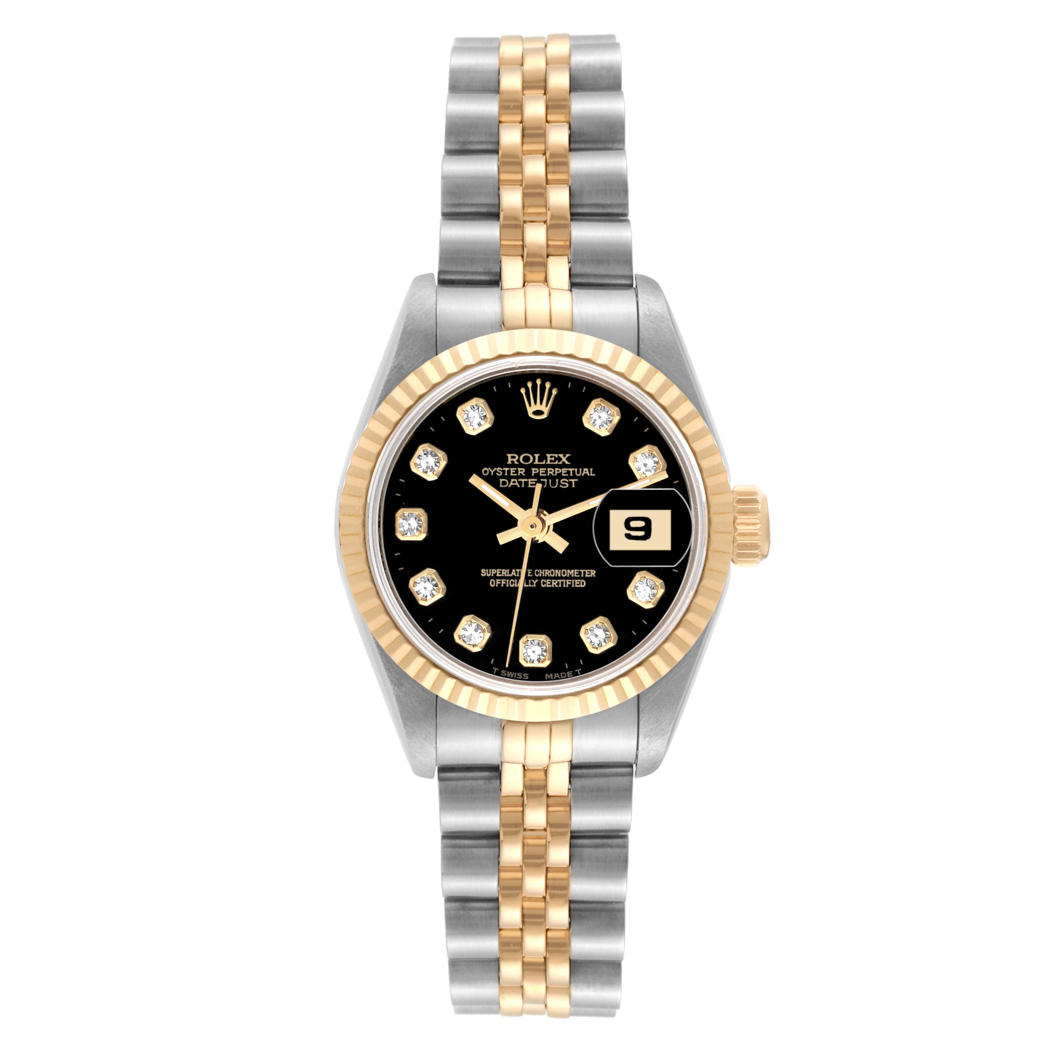 This image shows a front view of a Rolex Datejust 69173G Women's Steel and Gold (two tone) Black Dial 69173G Women's Steel and Gold (two tone) Black Dial watch with a gold and silver bracelet and black dial.