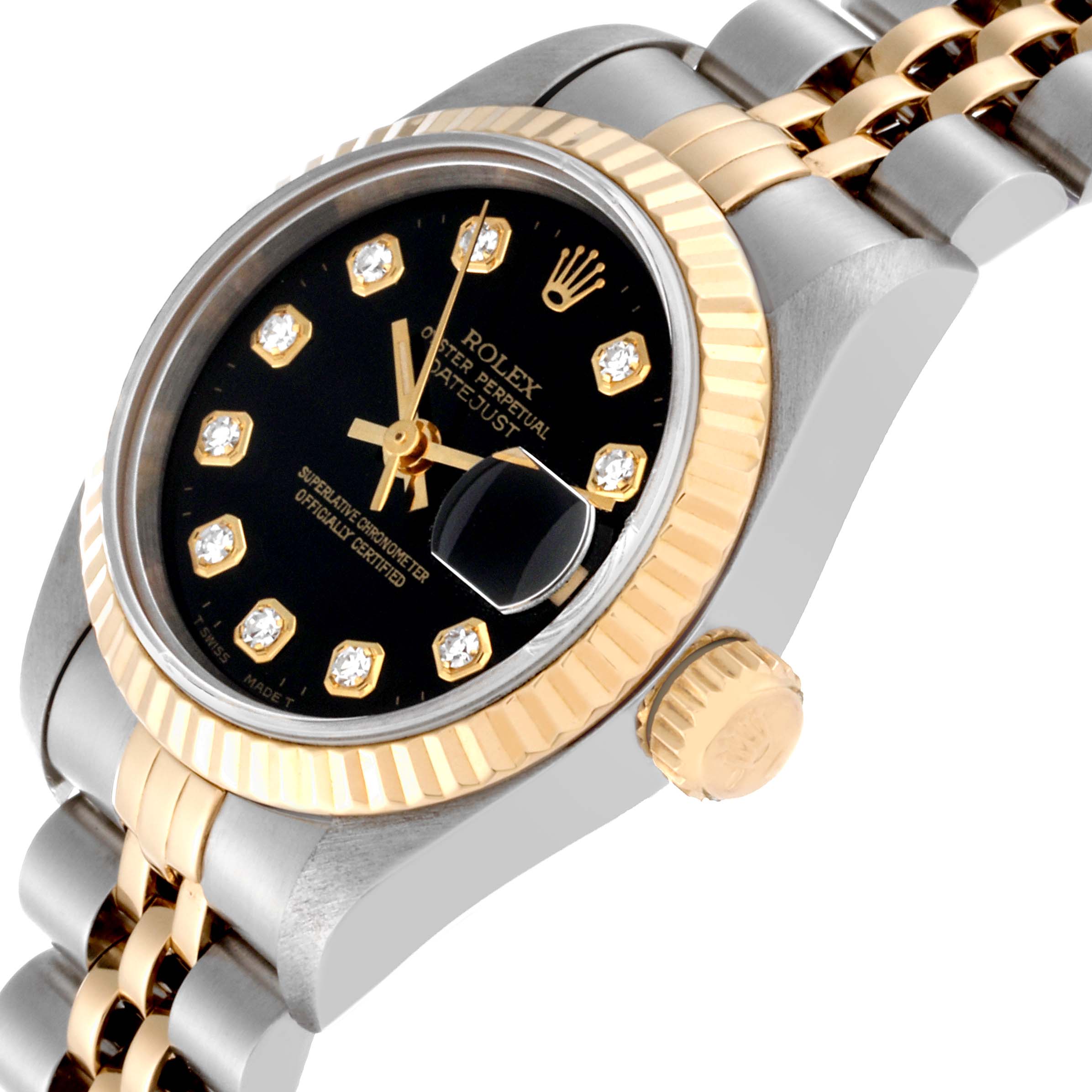 The image shows a close-up angled view of a Rolex Datejust 69173G Women's Steel and Gold (two tone) Black Dial 69173G Women's Steel and Gold (two tone) Black Dial watch, highlighting its dial, bezel, and crown.