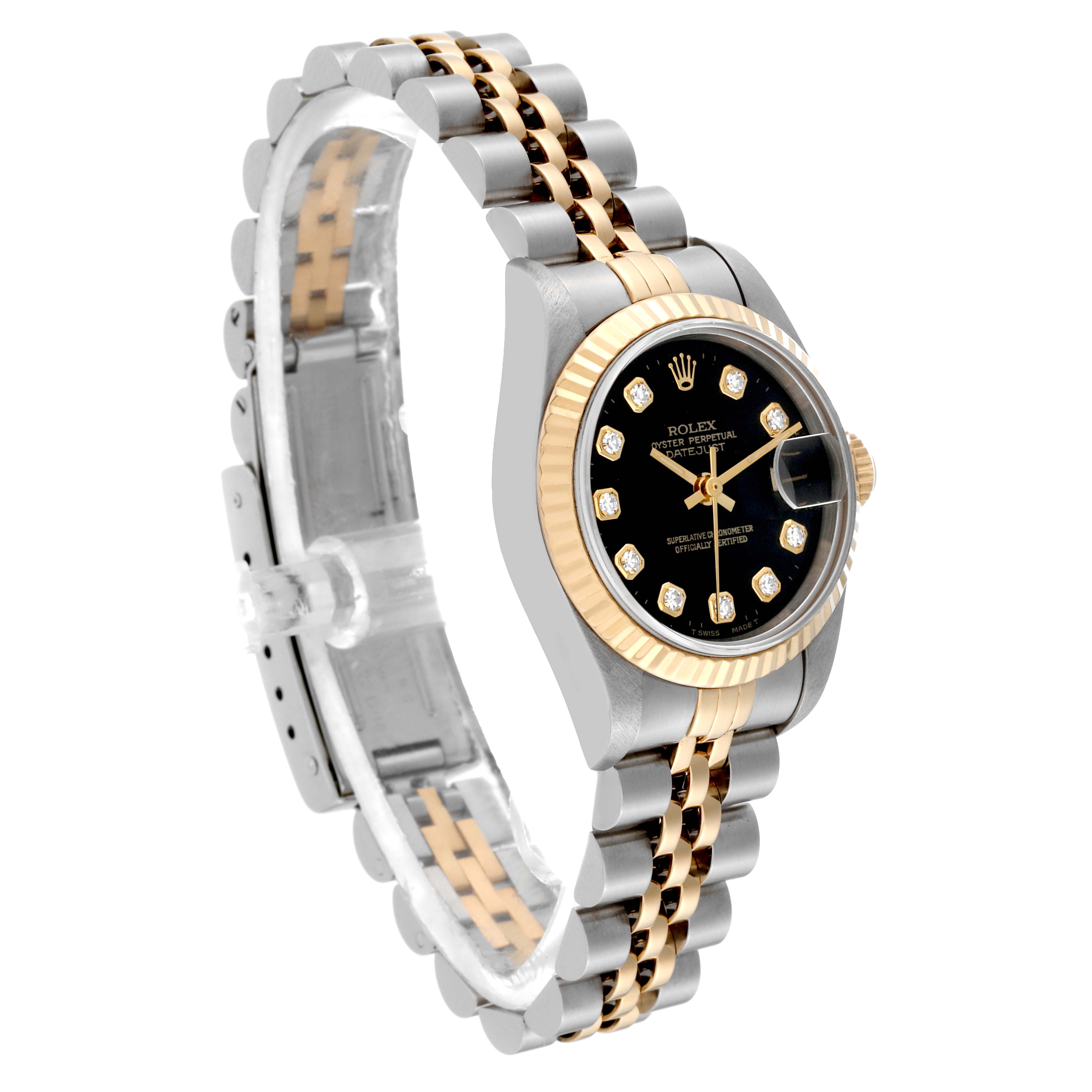 The image shows a Rolex Datejust 69173G Women's Steel and Gold (two tone) Black Dial 69173G Women's Steel and Gold (two tone) Black Dial watch at a three-quarter angle, displaying its bracelet, case, and black dial with diamond hour markers.