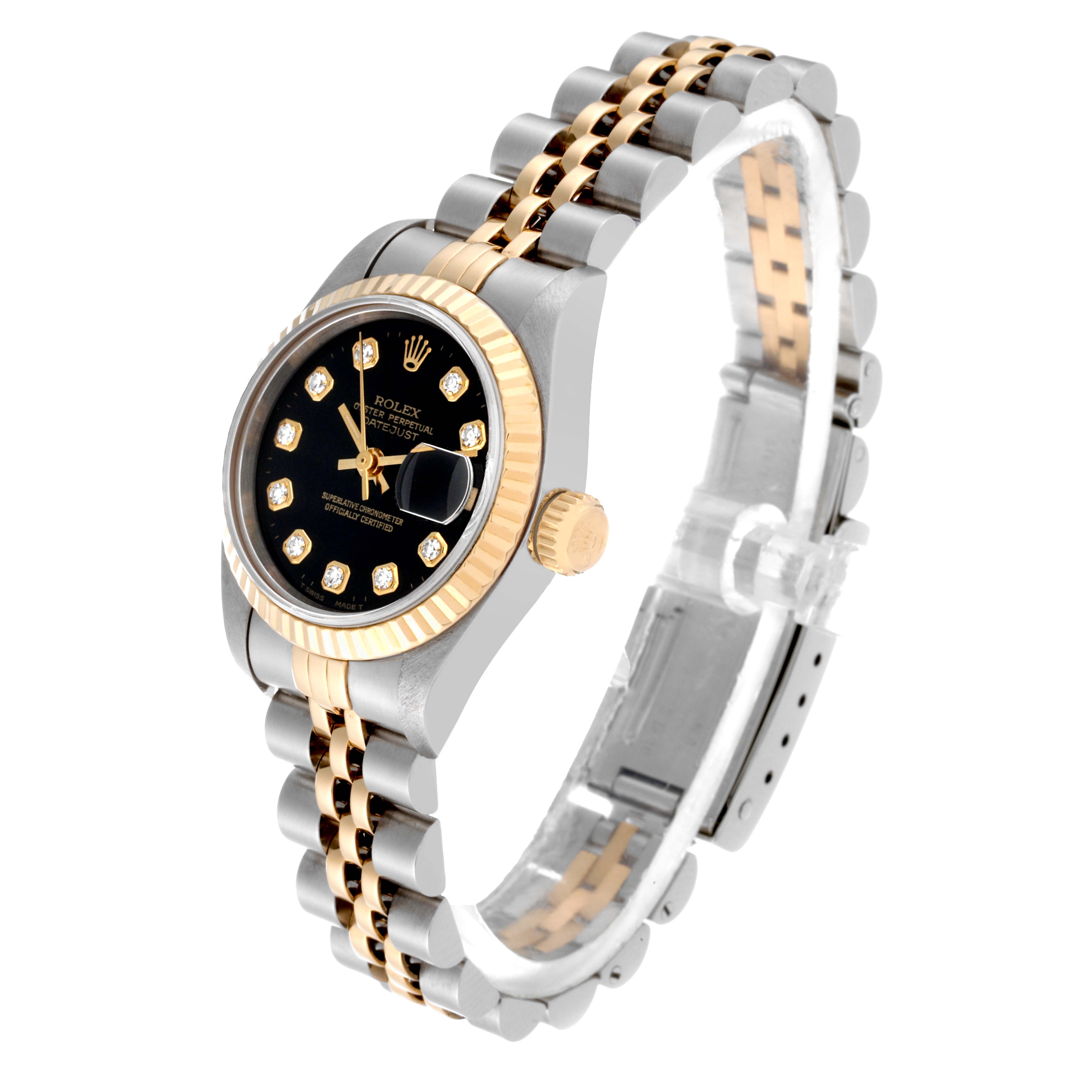 The image shows the side and face of a Rolex Datejust 69173G Women's Steel and Gold (two tone) Black Dial 69173G Women's Steel and Gold (two tone) Black Dial watch, highlighting its two-tone bracelet and black dial with diamond hour markers.