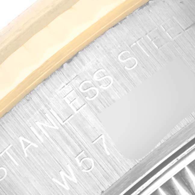 This image shows a close-up view of the Rolex Datejust 69173G Women's Steel and Gold (two tone) Black Dial 69173G Women's Steel and Gold (two tone) Black Dial watch, focusing on the stainless steel casing and part of the case back.