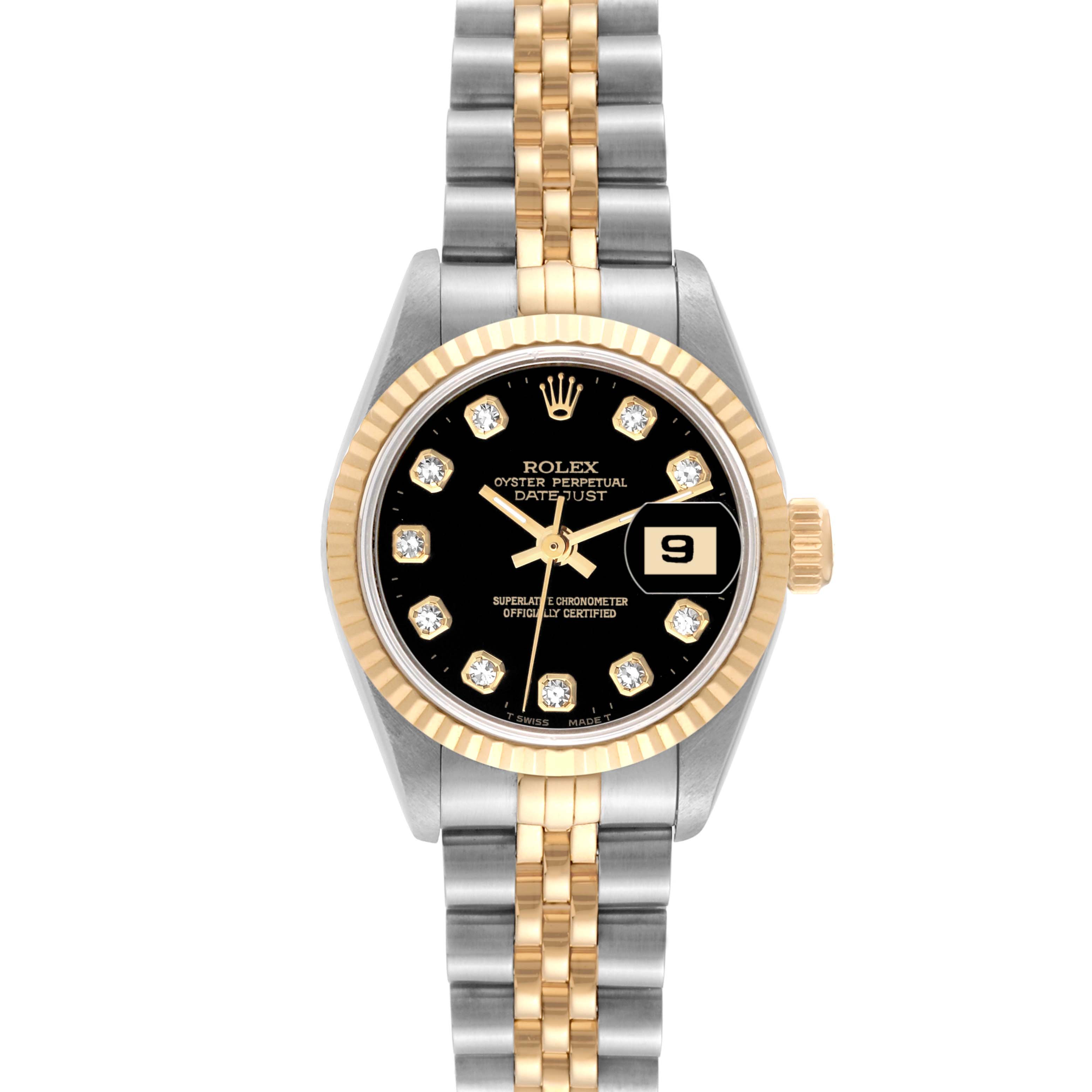 This is a front view of a Rolex Datejust 69173G Women's Steel and Gold (two tone) Black Dial 69173G Women's Steel and Gold (two tone) Black Dial watch, featuring a black dial, gold markers, and a two-tone bracelet.
