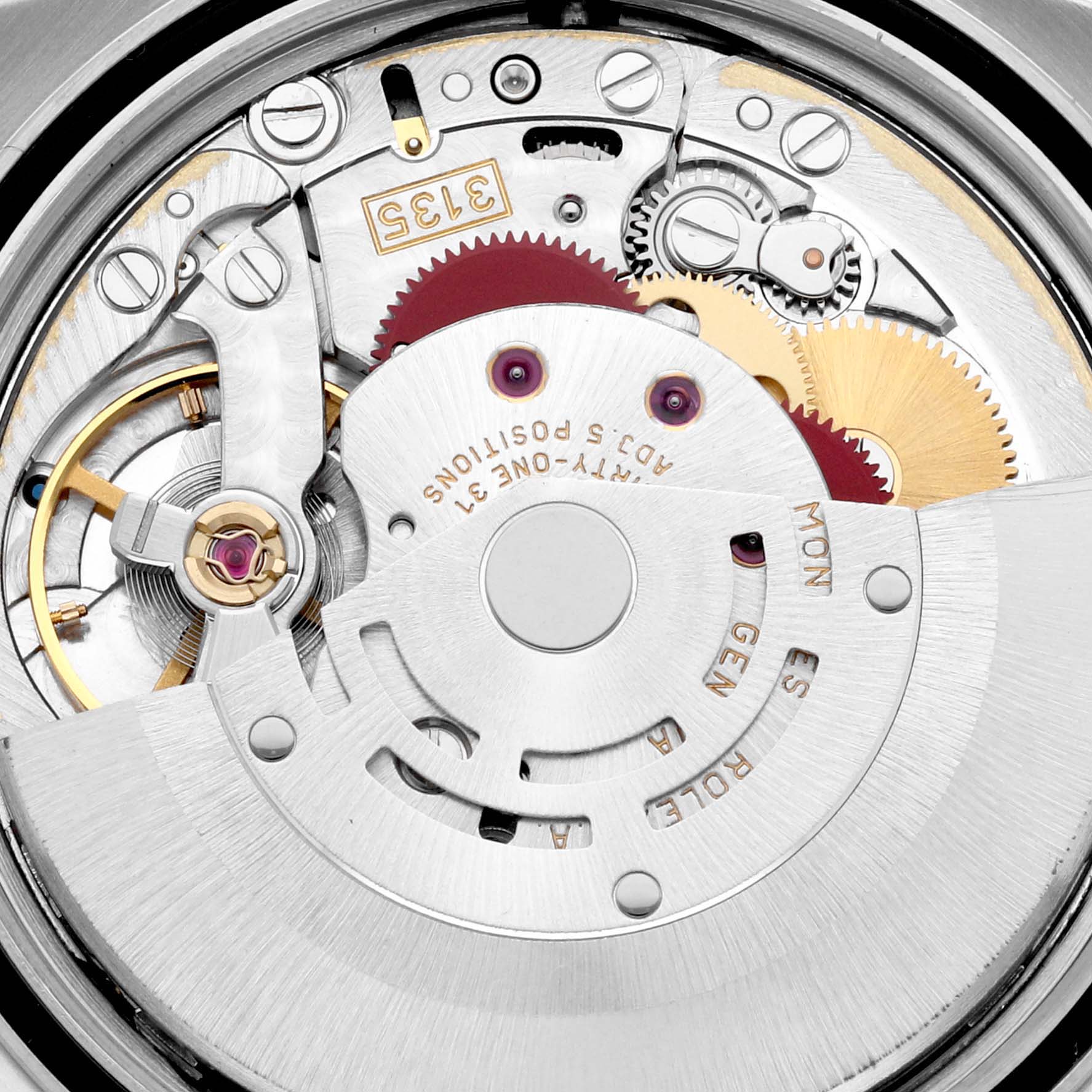 This image shows a close-up view of the Rolex Datejust 16220 Men's Stainless Steel Blue Dial 16220 Men's Stainless Steel Blue Dial watch's intricate movement and inner mechanism components.