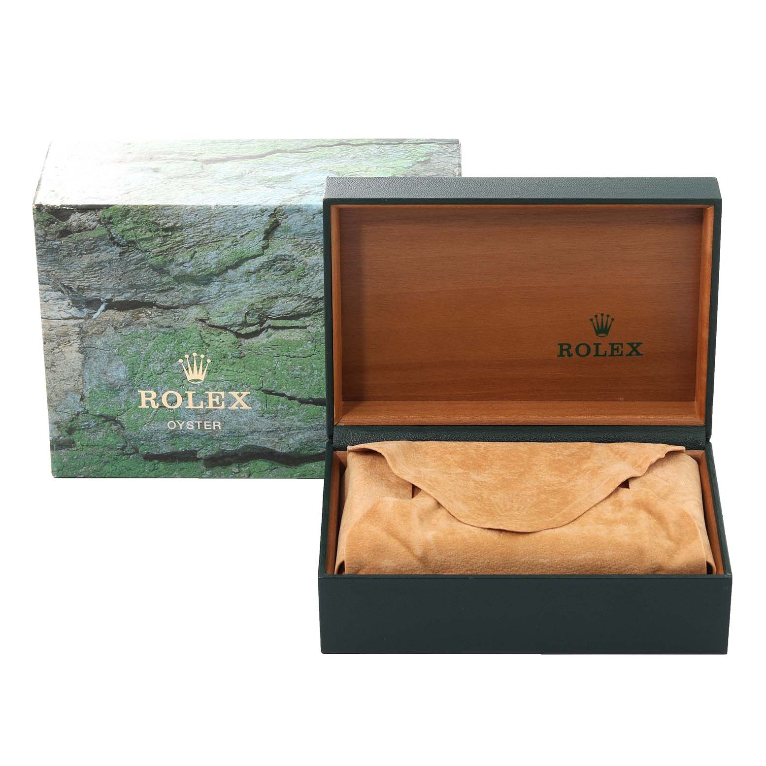 This image shows a Rolex Datejust 16220 Men's Stainless Steel Blue Dial 16220 Men's Stainless Steel Blue Dial watch box and accessories, including an outer box and an inner wooden box with a suede pouch inside.