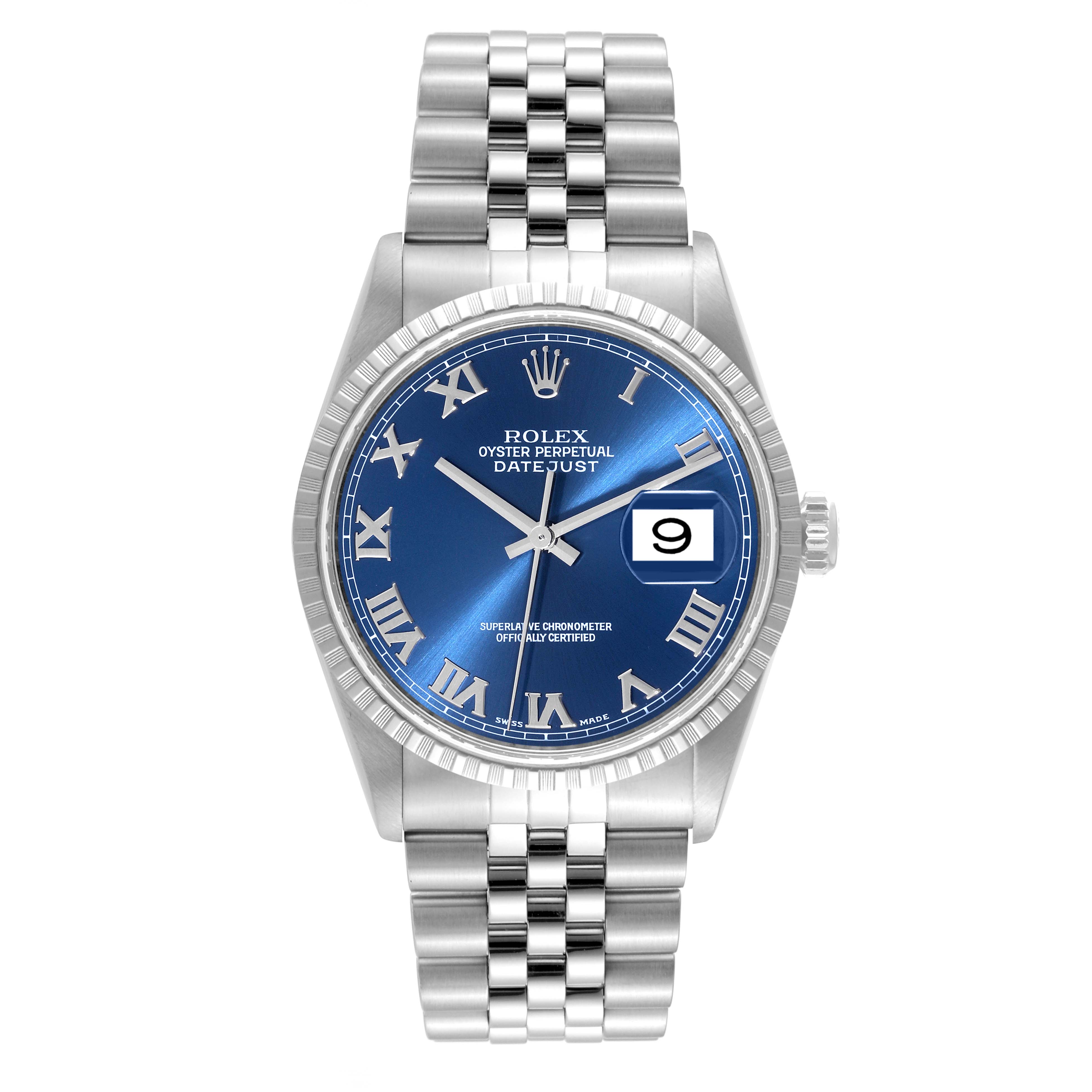 This image shows a front view of a Rolex Datejust 16220 Men's Stainless Steel Blue Dial 16220 Men's Stainless Steel Blue Dial watch, displaying the face, bezel, and bracelet.