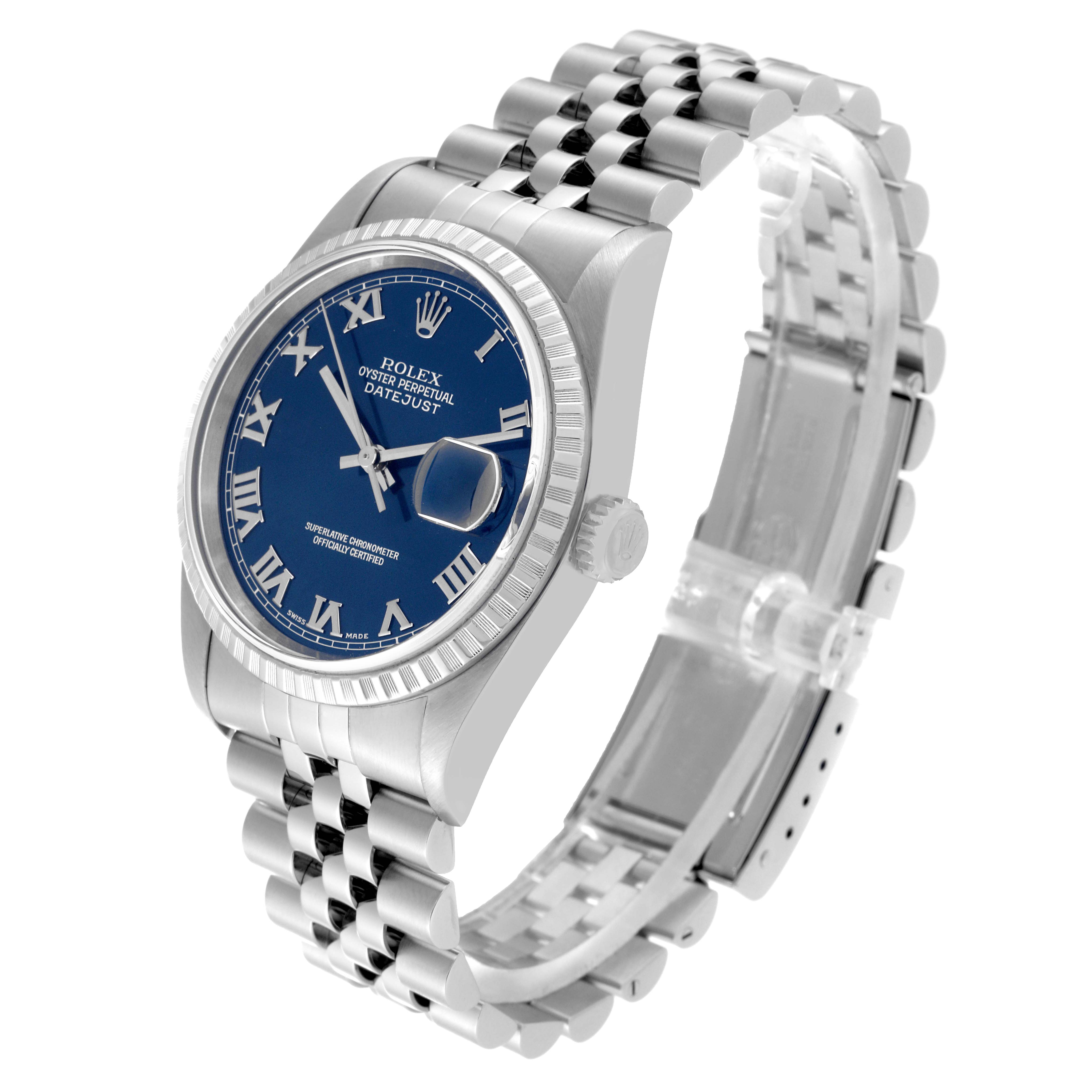 The Rolex Datejust 16220 Men's Stainless Steel Blue Dial 16220 Men's Stainless Steel Blue Dial watch is shown at an angled view, highlighting the blue dial, Roman numerals, bezel, case, and Jubilee bracelet.
