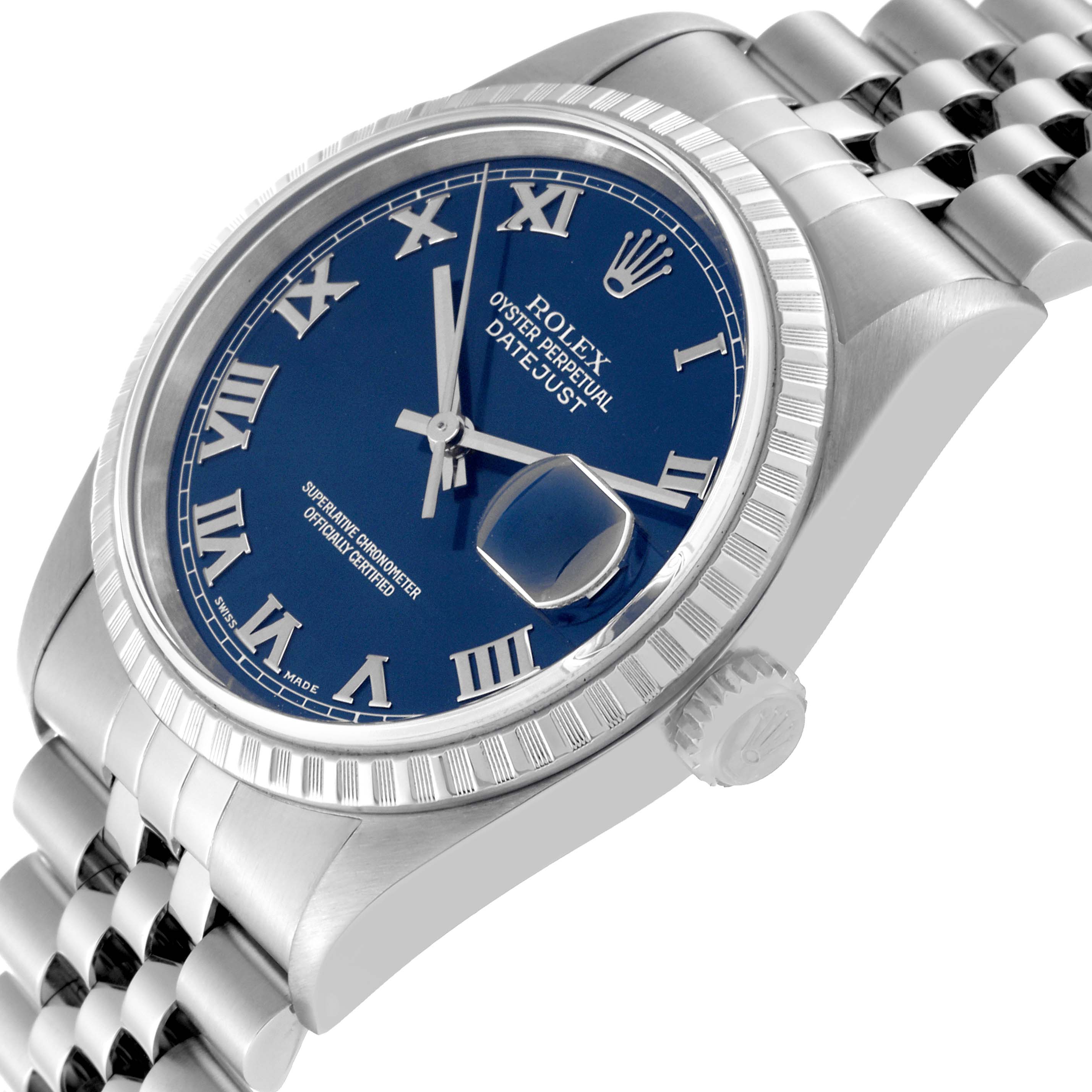 The image shows a close-up angled view of the Rolex Datejust 16220 Men's Stainless Steel Blue Dial 16220 Men's Stainless Steel Blue Dial watch, displaying its face, bezel, crown, and Jubilee bracelet.