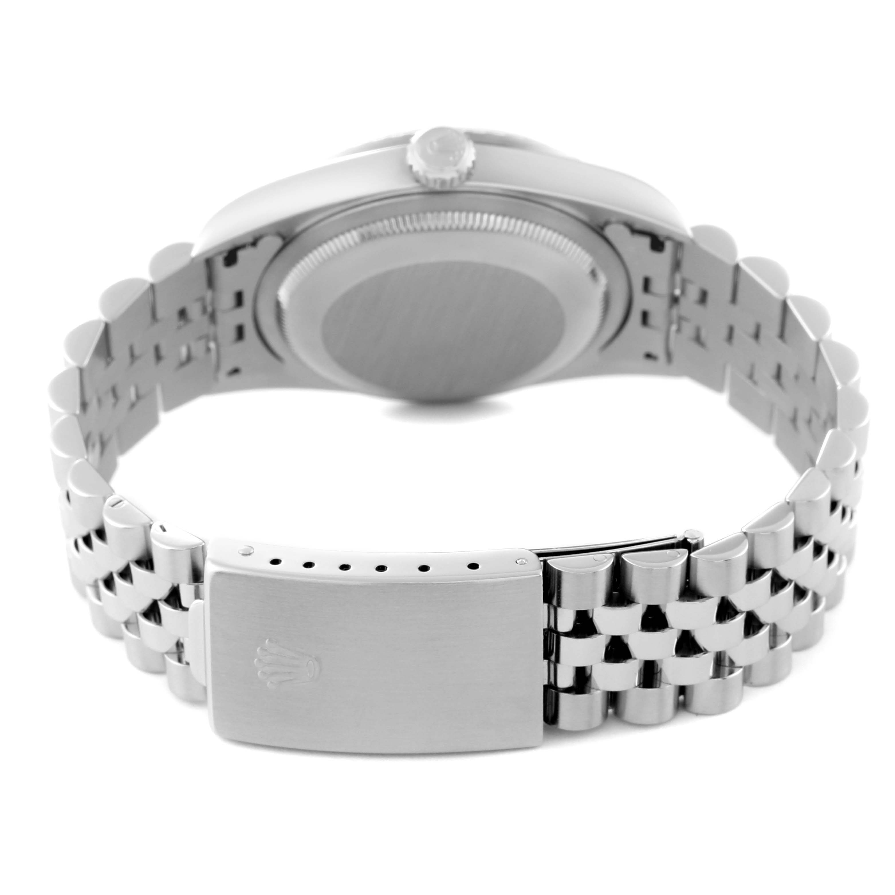 This image shows the clasp, case back, and bracelet of a Rolex Datejust 16220 Men's Stainless Steel Blue Dial 16220 Men's Stainless Steel Blue Dial watch from the rear angle.