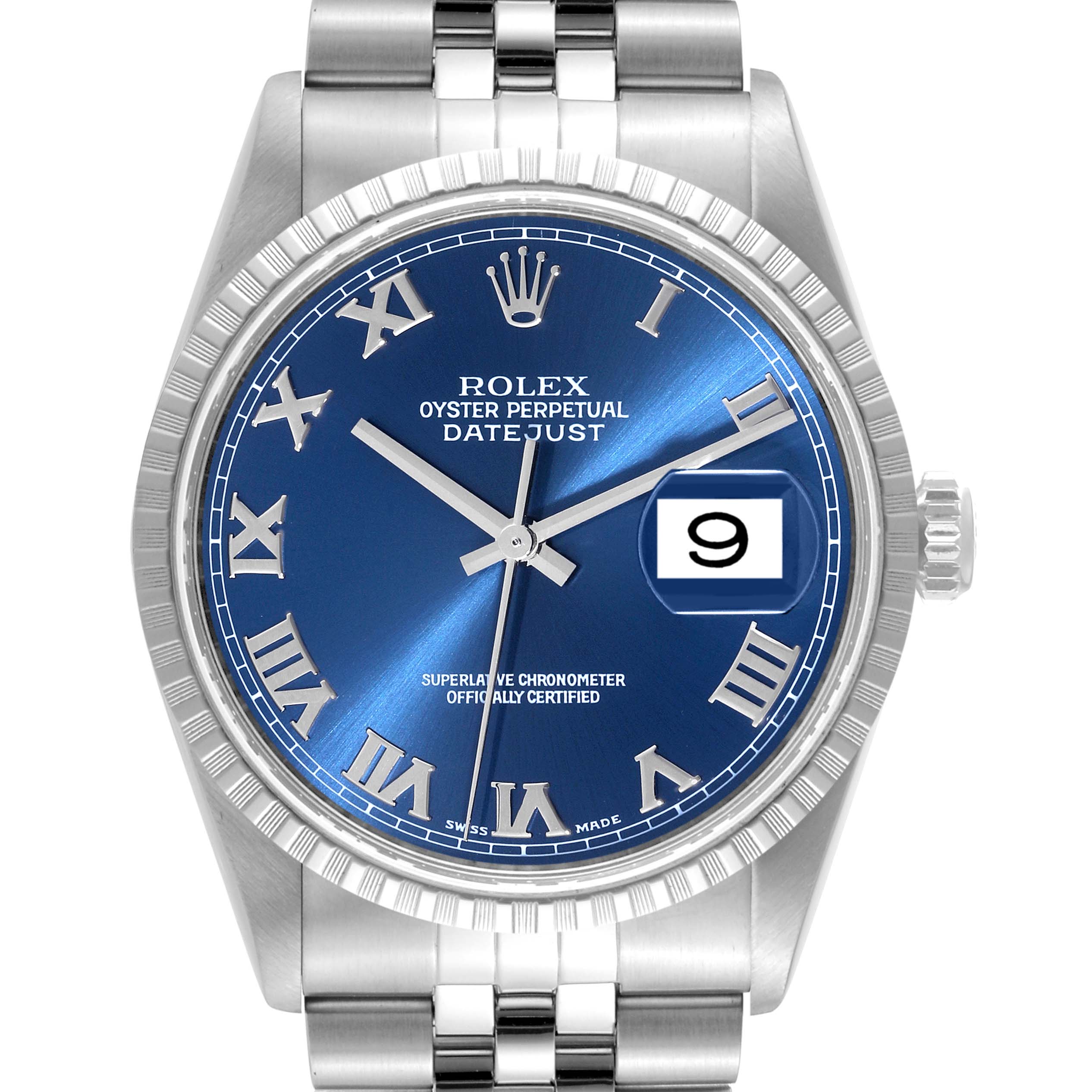 The image shows a frontal view of a Rolex Datejust 16220 Men's Stainless Steel Blue Dial 16220 Men's Stainless Steel Blue Dial watch featuring a blue dial with Roman numerals and a date window.