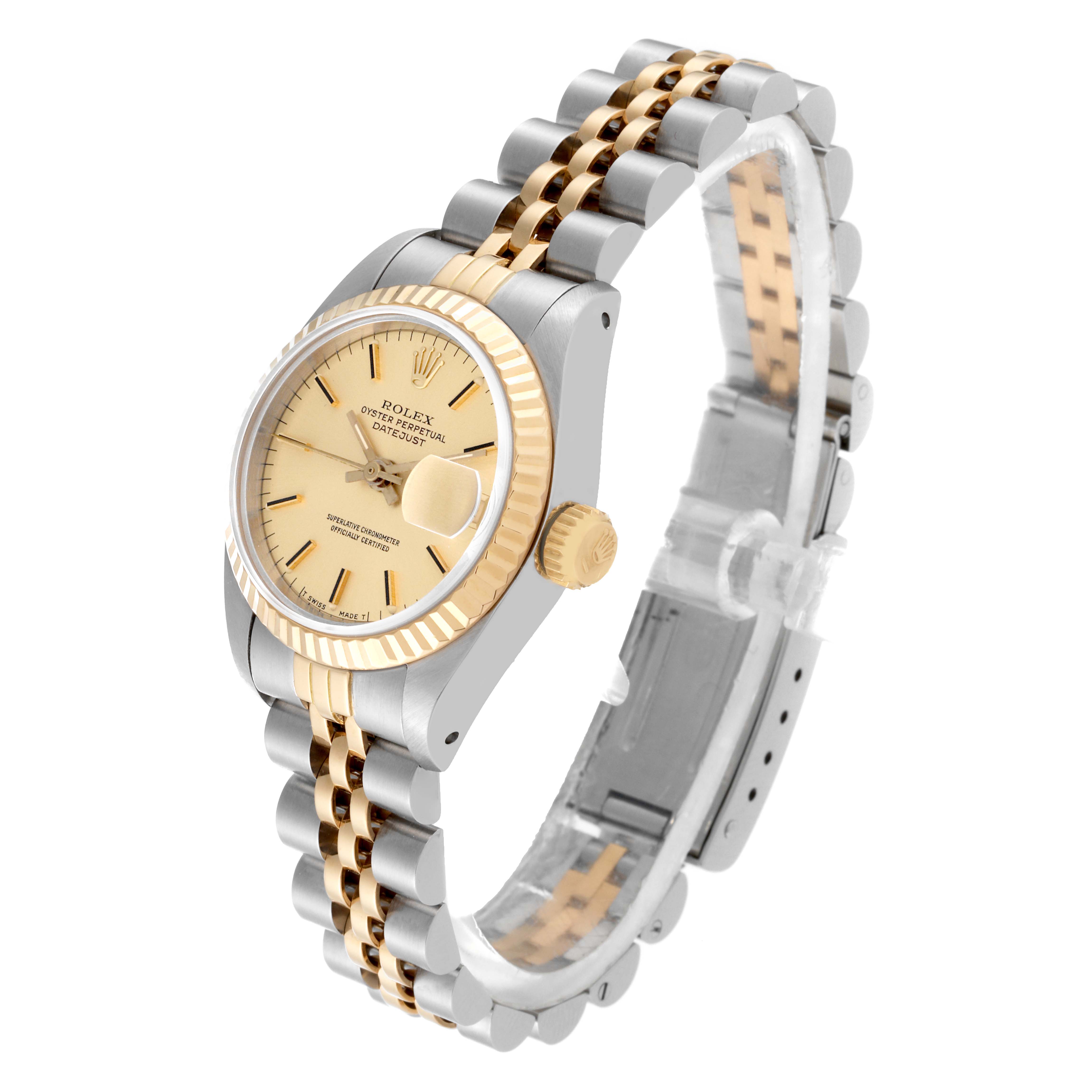The Rolex Datejust 69173 Women's Steel and Gold (two tone) Champagne Dial 69173 Women's Steel and Gold (two tone) Champagne Dial watch is shown at a three-quarter angle highlighting the dial, bezel, crown, and bracelet.