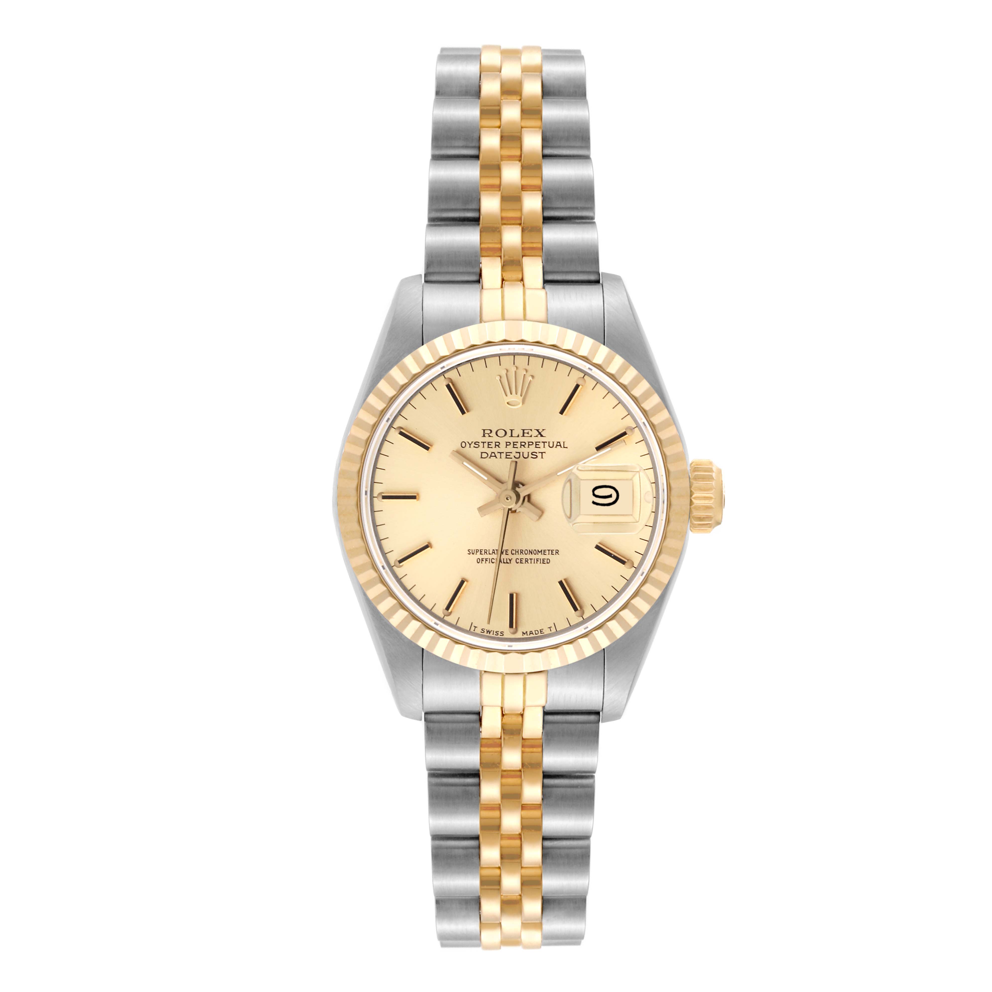 This image shows a front angle of the Rolex Datejust 69173 Women's Steel and Gold (two tone) Champagne Dial 69173 Women's Steel and Gold (two tone) Champagne Dial watch, highlighting its face, dial, bezel, and bracelet.