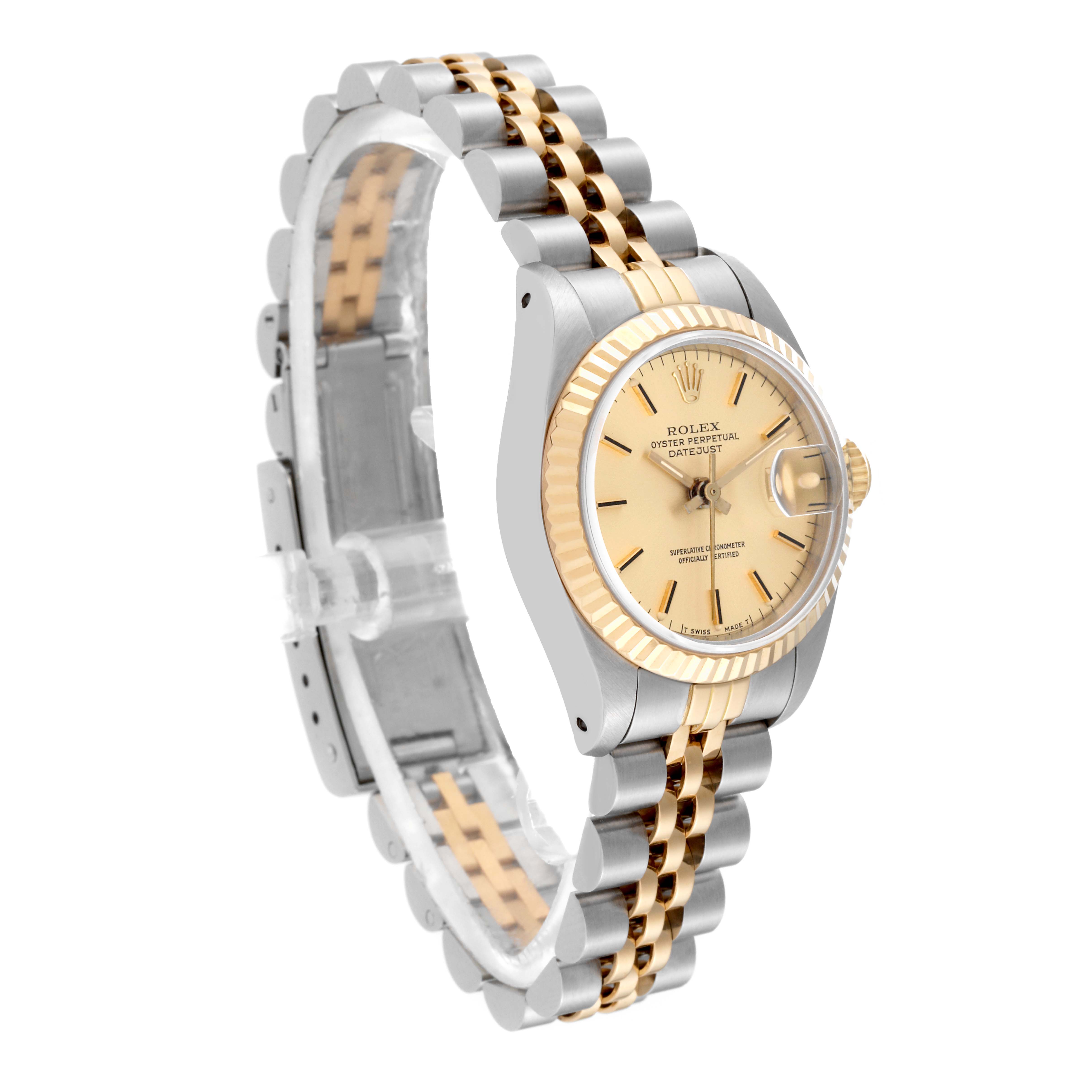 The Rolex Datejust 69173 Women's Steel and Gold (two tone) Champagne Dial 69173 Women's Steel and Gold (two tone) Champagne Dial watch is shown at an angle, displaying the band, case, dial, and part of the clasp.