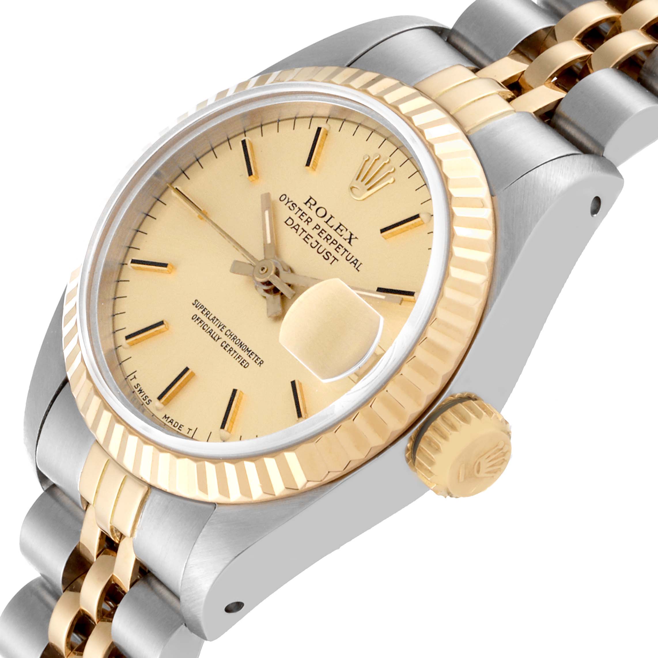 The image shows a close-up angle of a Rolex Datejust 69173 Women's Steel and Gold (two tone) Champagne Dial 69173 Women's Steel and Gold (two tone) Champagne Dial watch, highlighting its dial, crown, and bracelet.