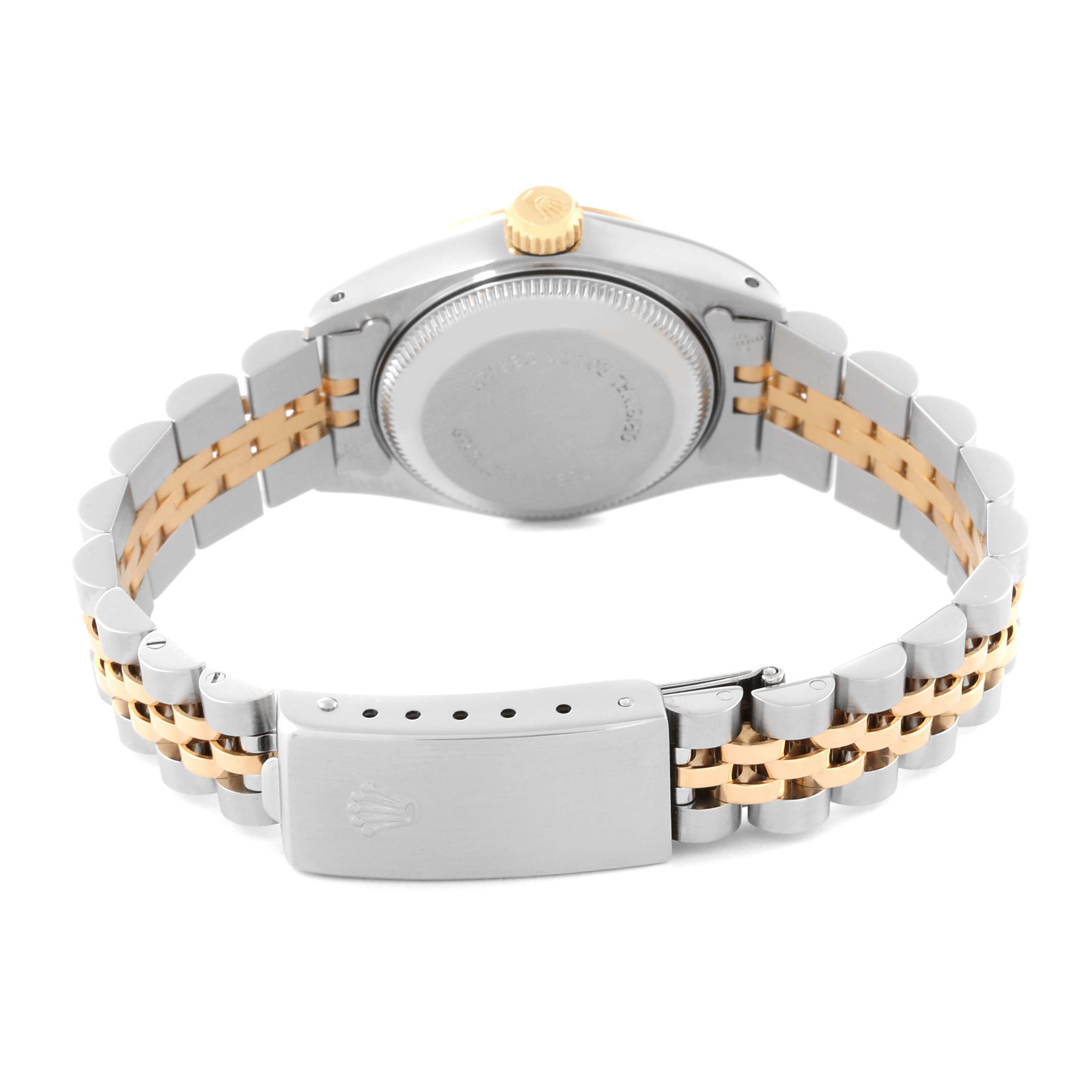 This image shows the back view of a Rolex Datejust 69173 Women's Steel and Gold (two tone) Champagne Dial 69173 Women's Steel and Gold (two tone) Champagne Dial model, focusing on the caseback, crown, and two-tone bracelet with clasp.