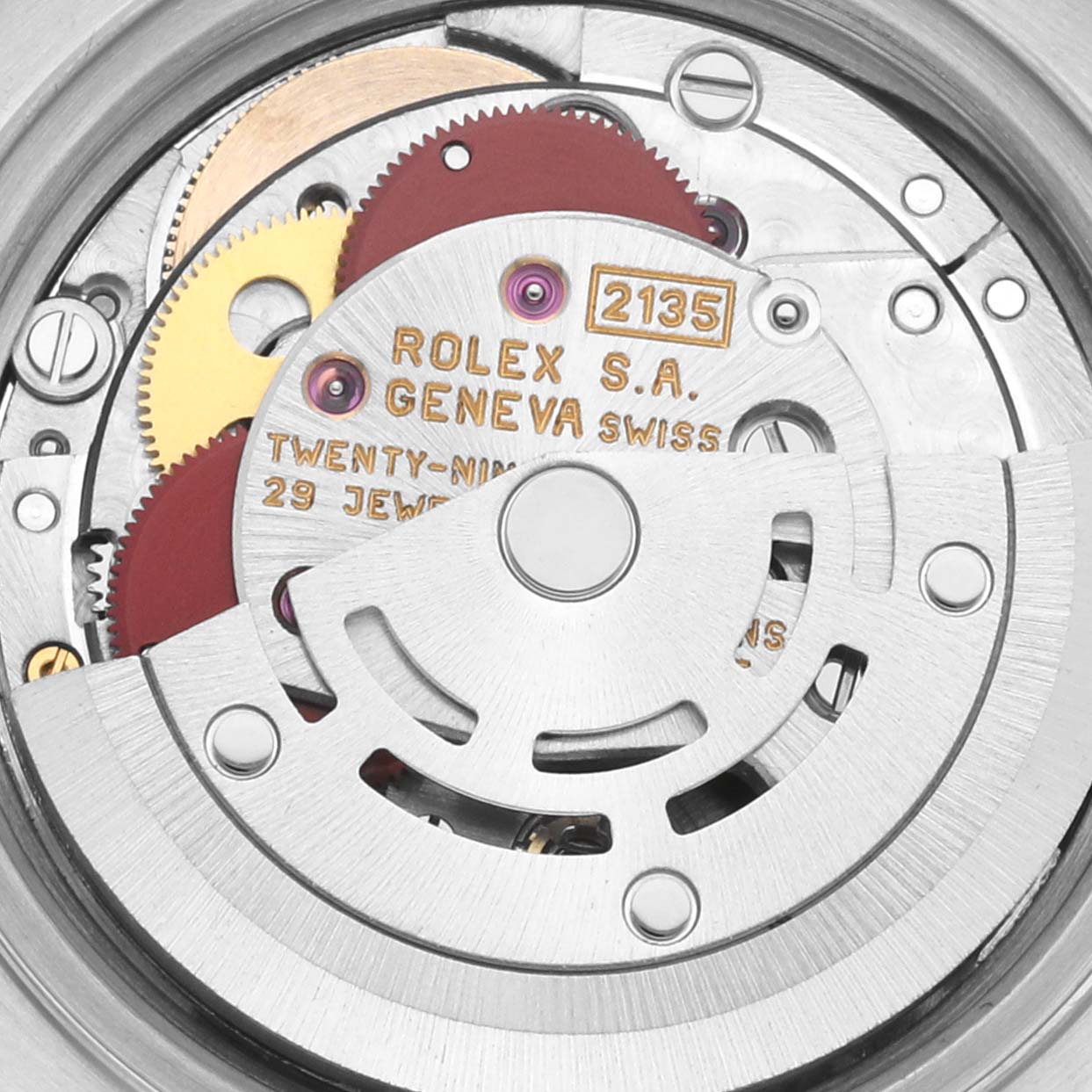 This image shows a close-up of the movement mechanism for a Rolex Datejust 69173 Women's Steel and Gold (two tone) Champagne Dial 69173 Women's Steel and Gold (two tone) Champagne Dial model.