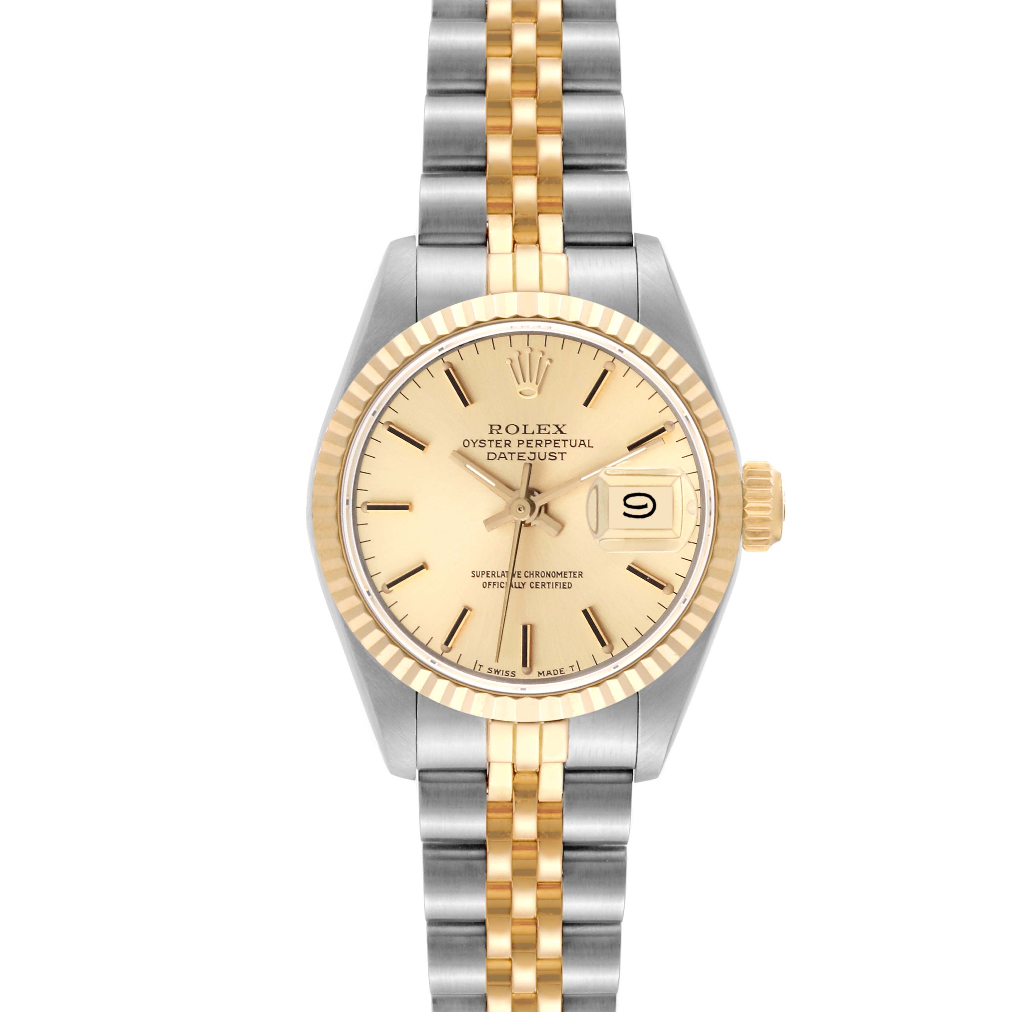 The image shows a front view of a Rolex Datejust 69173 Women's Steel and Gold (two tone) Champagne Dial 69173 Women's Steel and Gold (two tone) Champagne Dial watch, displaying its bezel, dial, hands, crown, and two-tone bracelet.