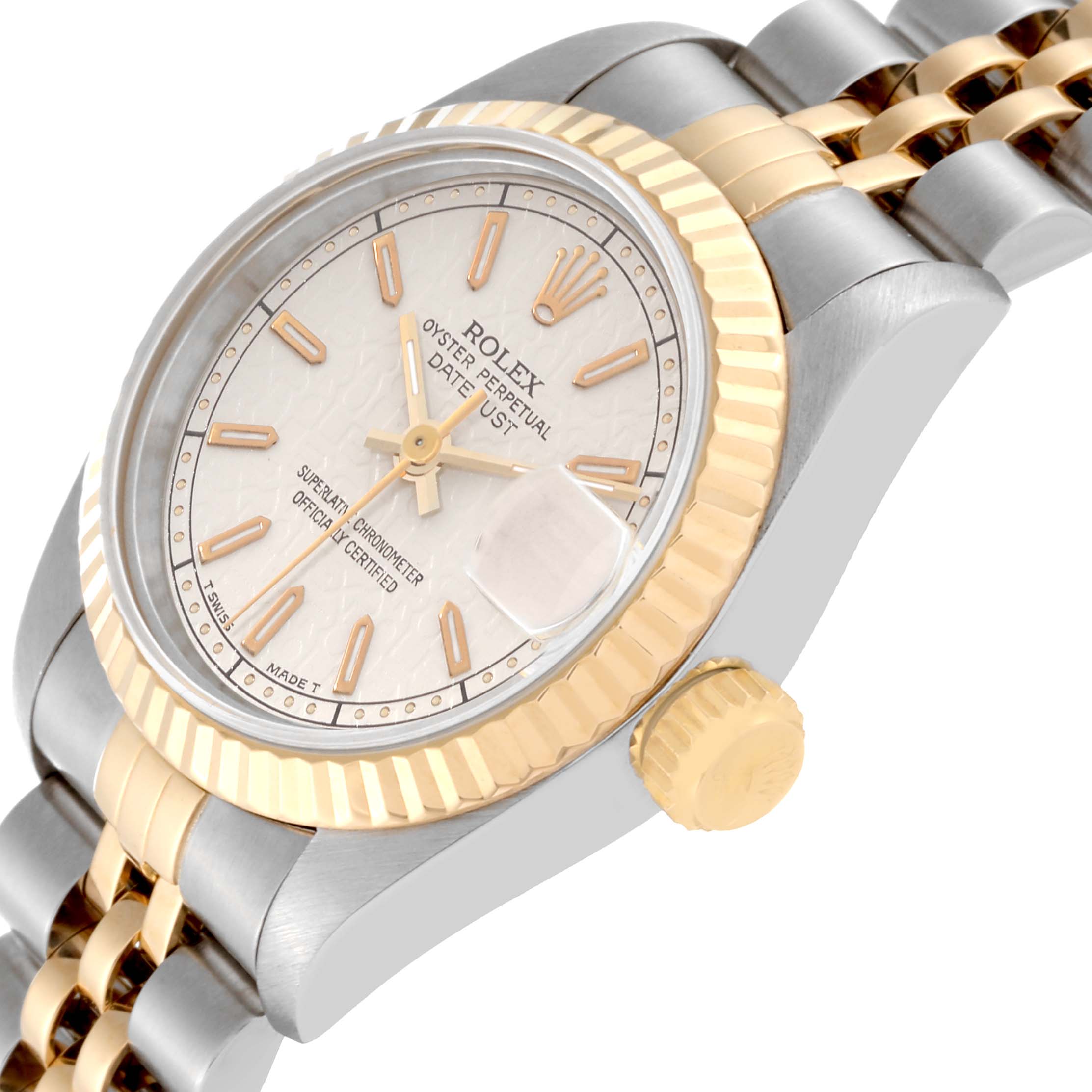 The image shows a close-up angled view of the watch face, bezel, crown, and partial bracelet of a Rolex Datejust 69173 Women's Steel and Gold (two tone) White Dial 69173 Women's Steel and Gold (two tone) White Dial model.