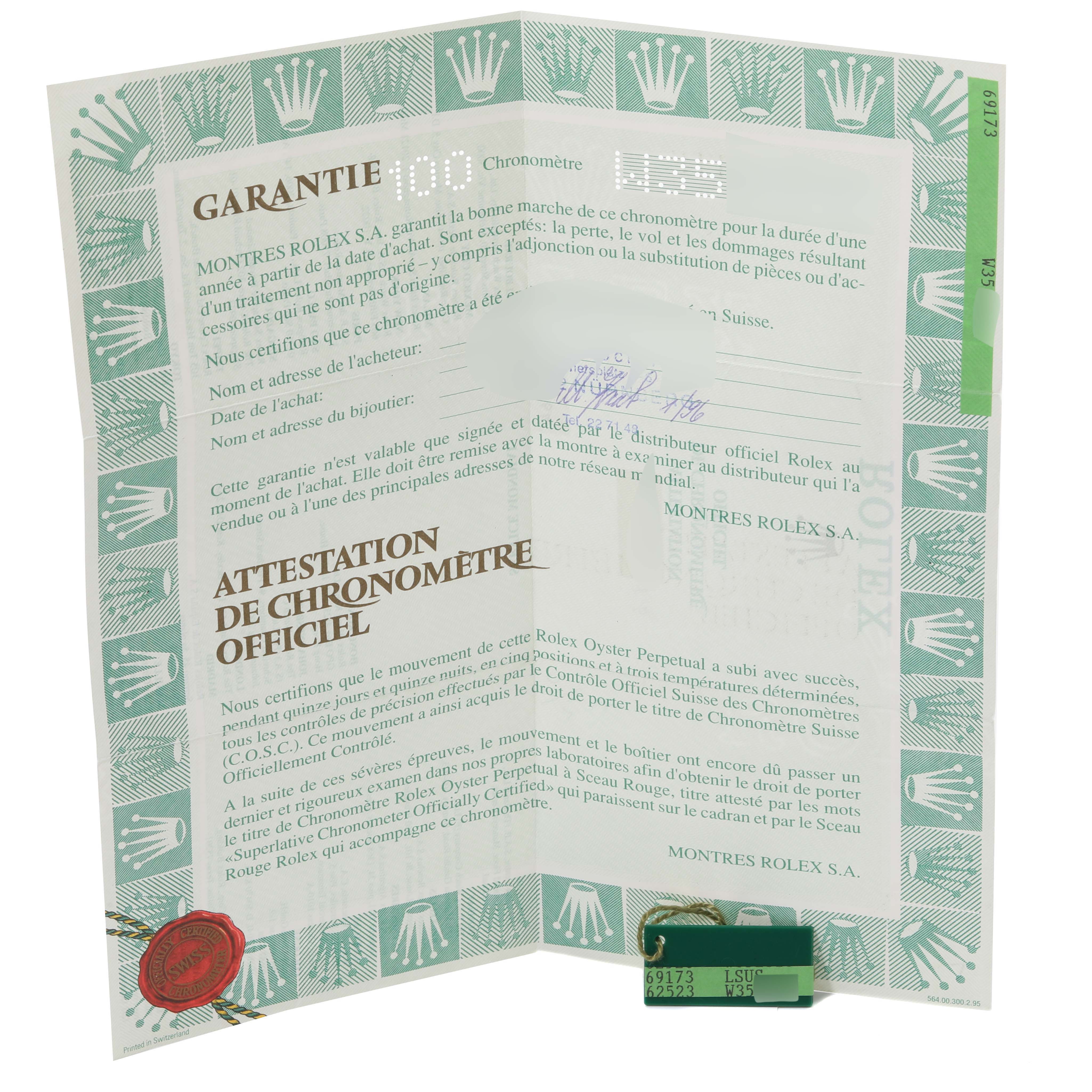 The image shows the warranty and official chronometer certification papers for a Rolex Datejust 69173 Women's Steel and Gold (two tone) White Dial 69173 Women's Steel and Gold (two tone) White Dial watch.