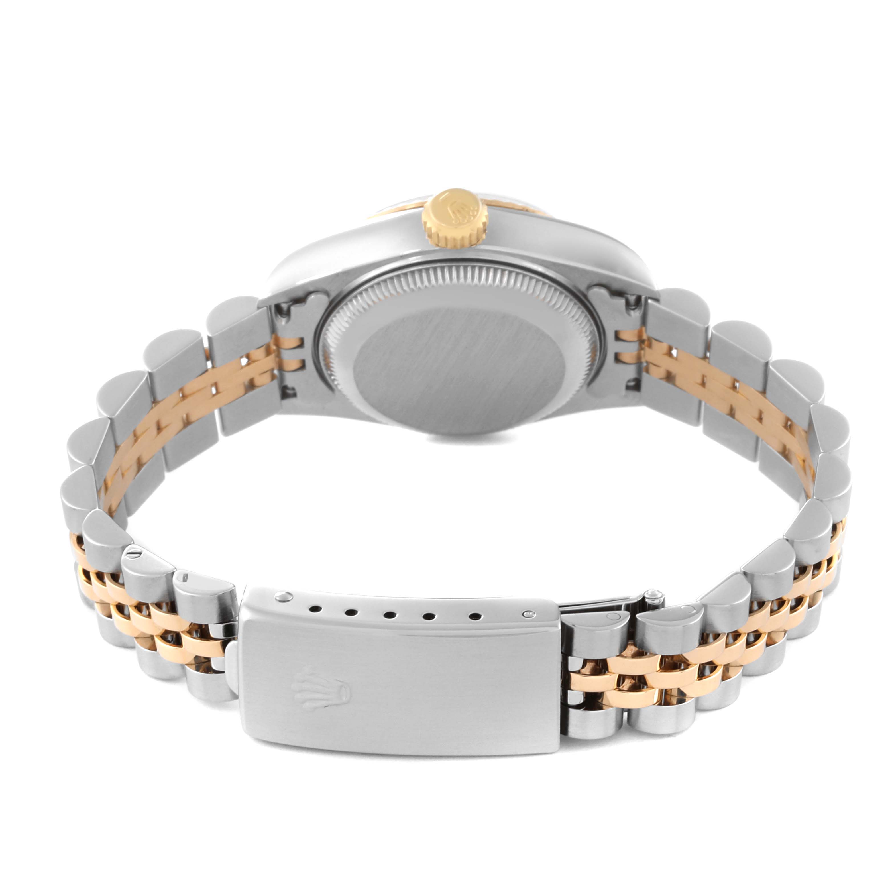 This image shows the back view of a Rolex Datejust 69173 Women's Steel and Gold (two tone) White Dial 69173 Women's Steel and Gold (two tone) White Dial watch, highlighting the bracelet, clasp, and crown.