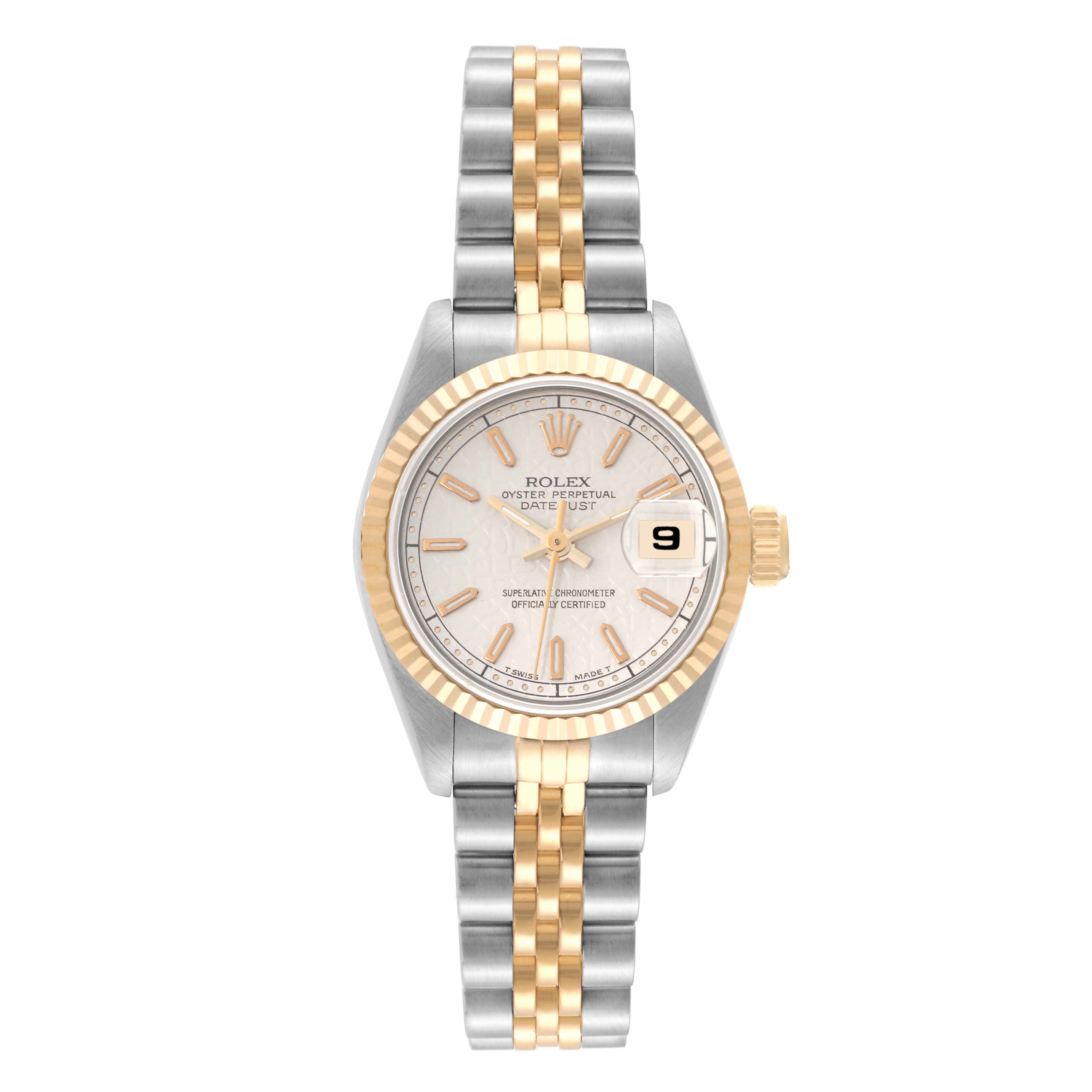 The image shows a front view of a Rolex Datejust 69173 Women's Steel and Gold (two tone) White Dial 69173 Women's Steel and Gold (two tone) White Dial watch with a two-tone bracelet and a fluted bezel.